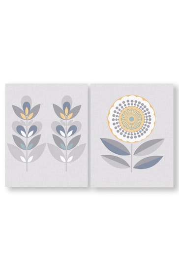 Art For The Home Set of 2 Grey Retro Floral Wall Art