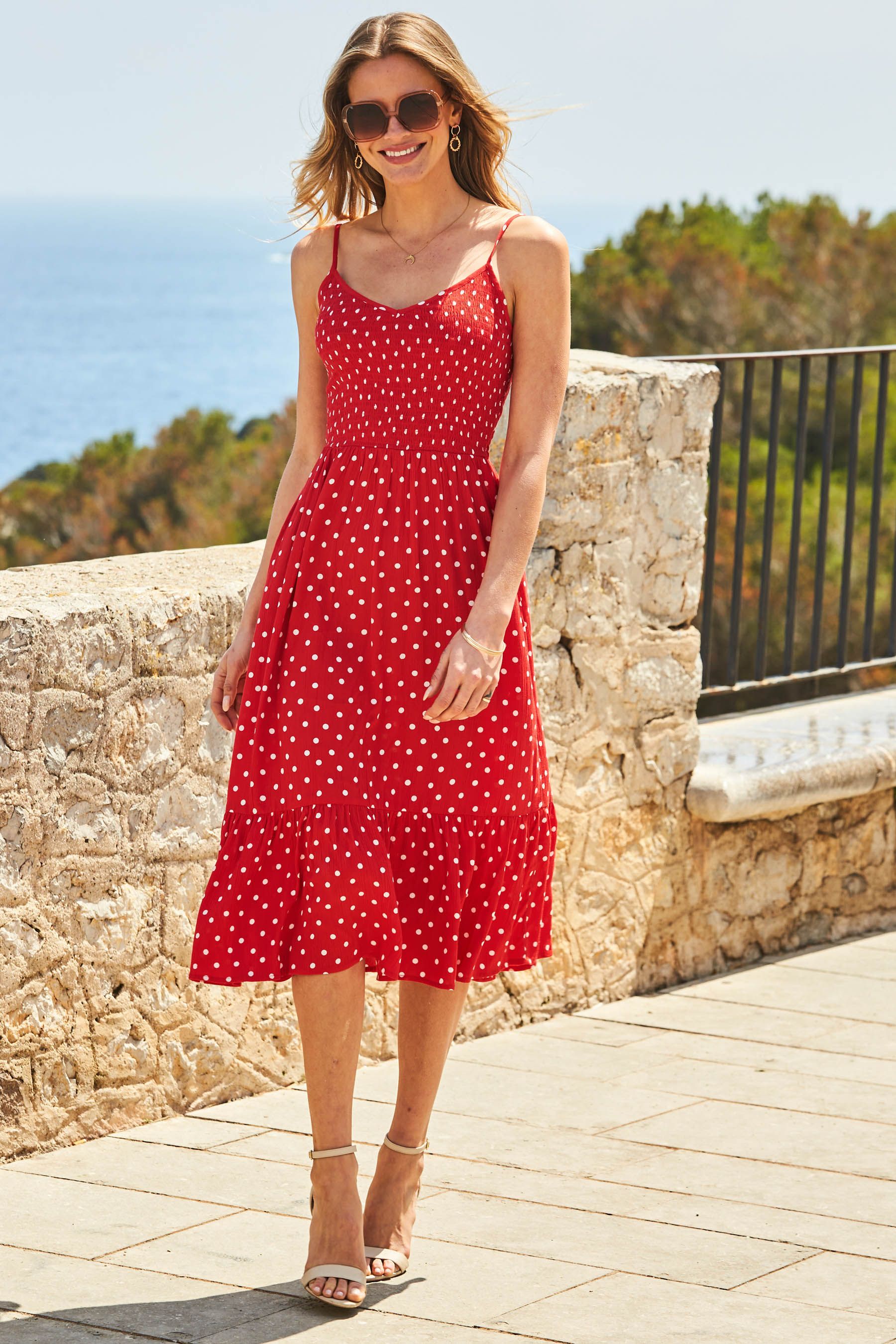 Buy Sosandar Red Strappy Shirred Bodice Dress from the Next UK