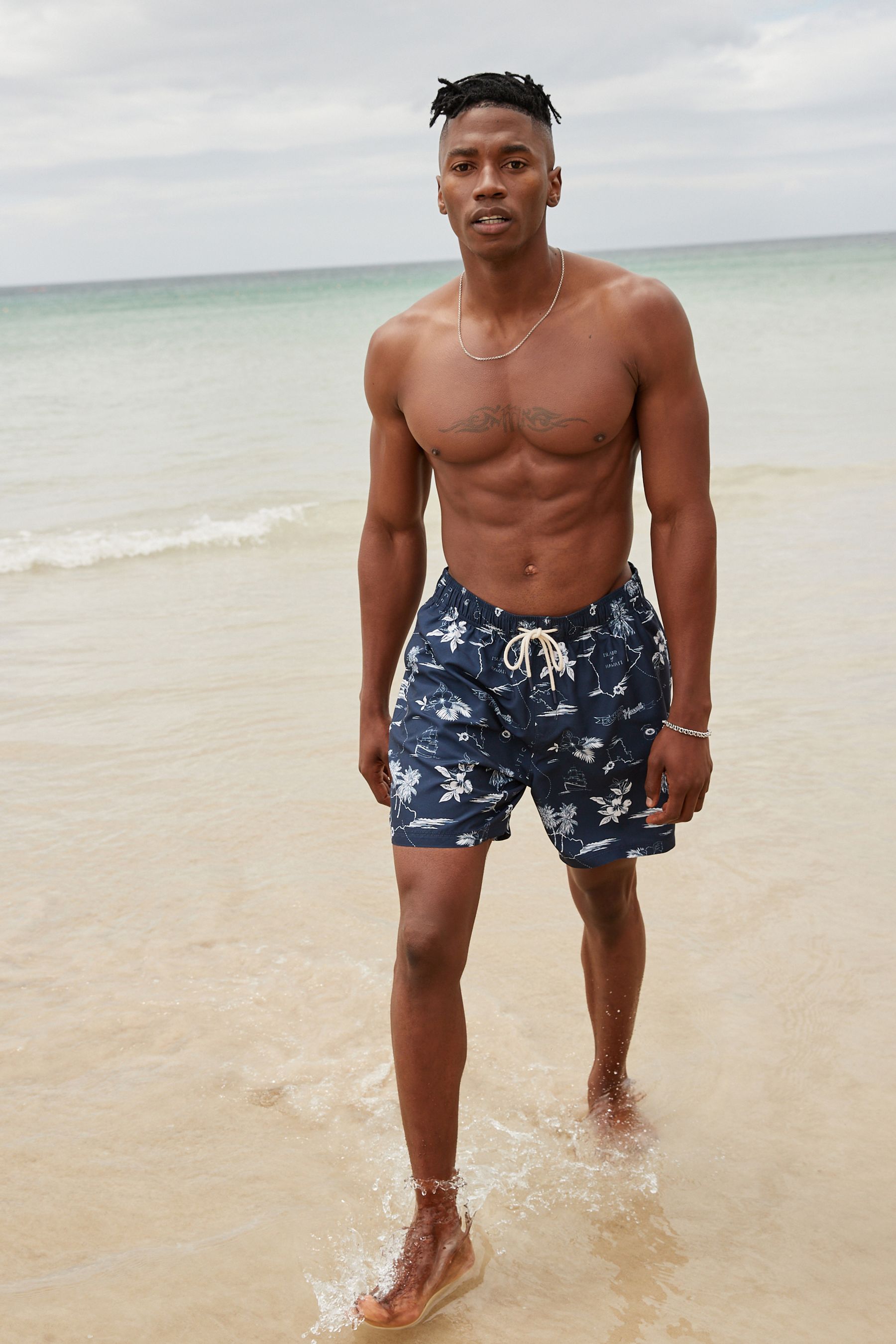 Navy Blue Hawaiian Relaxed Fit Printed Swim Shorts
