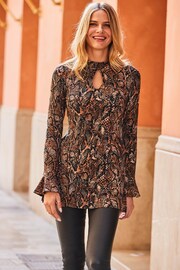 Sosandar Brown Keyhole Jersey Top With Bell Sleeve - Image 4 of 5