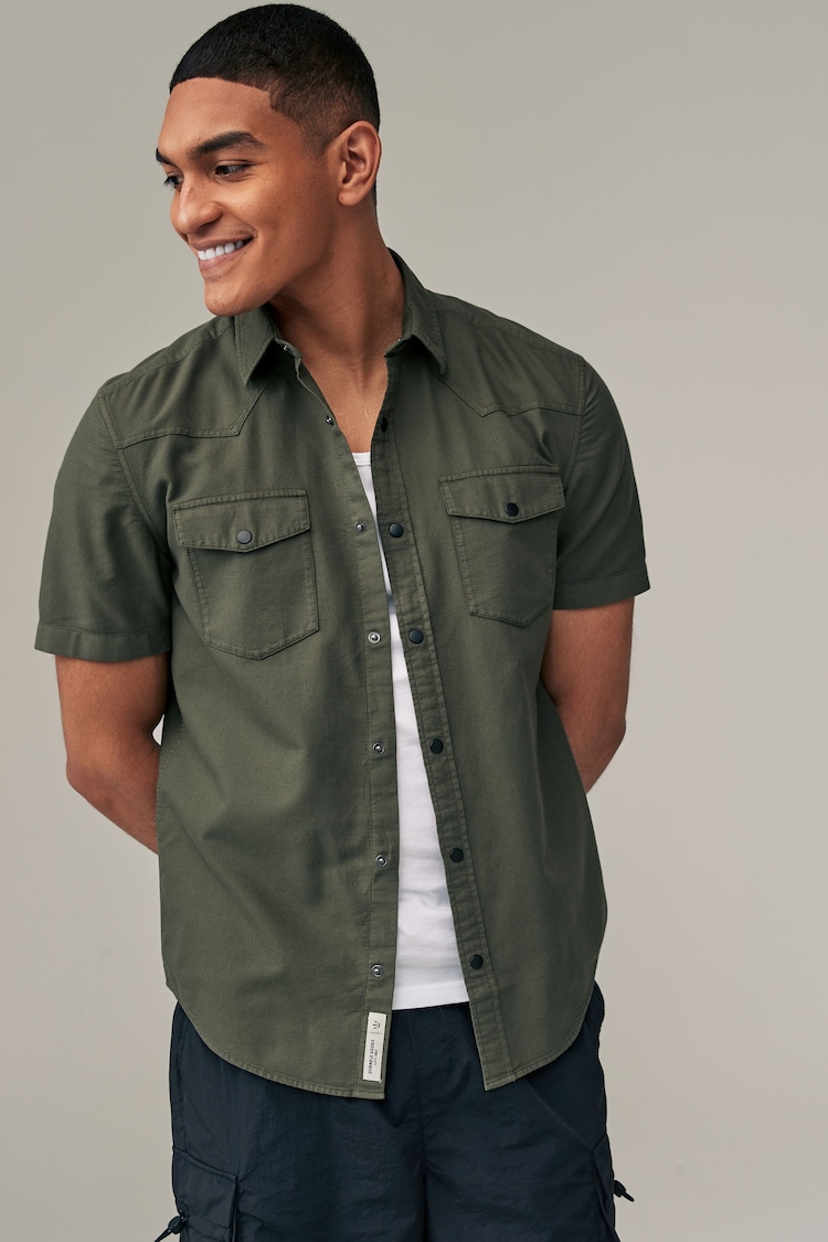 Green 100% Cotton Textured Short Sleeve Western Shirt - Image 1 of 8