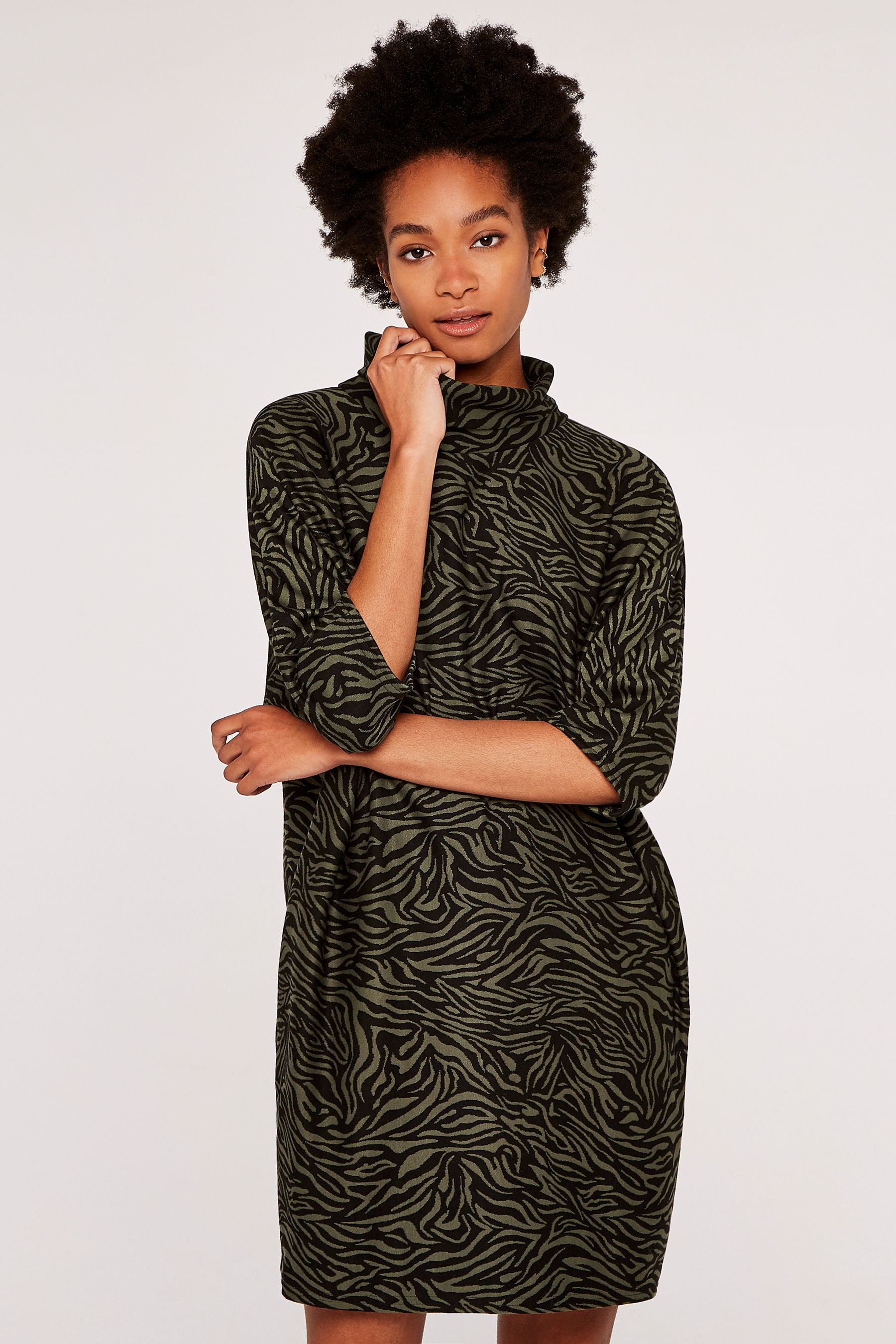 Buy Apricot Khaki Green Black Zebra Print Cocoon Dress from the