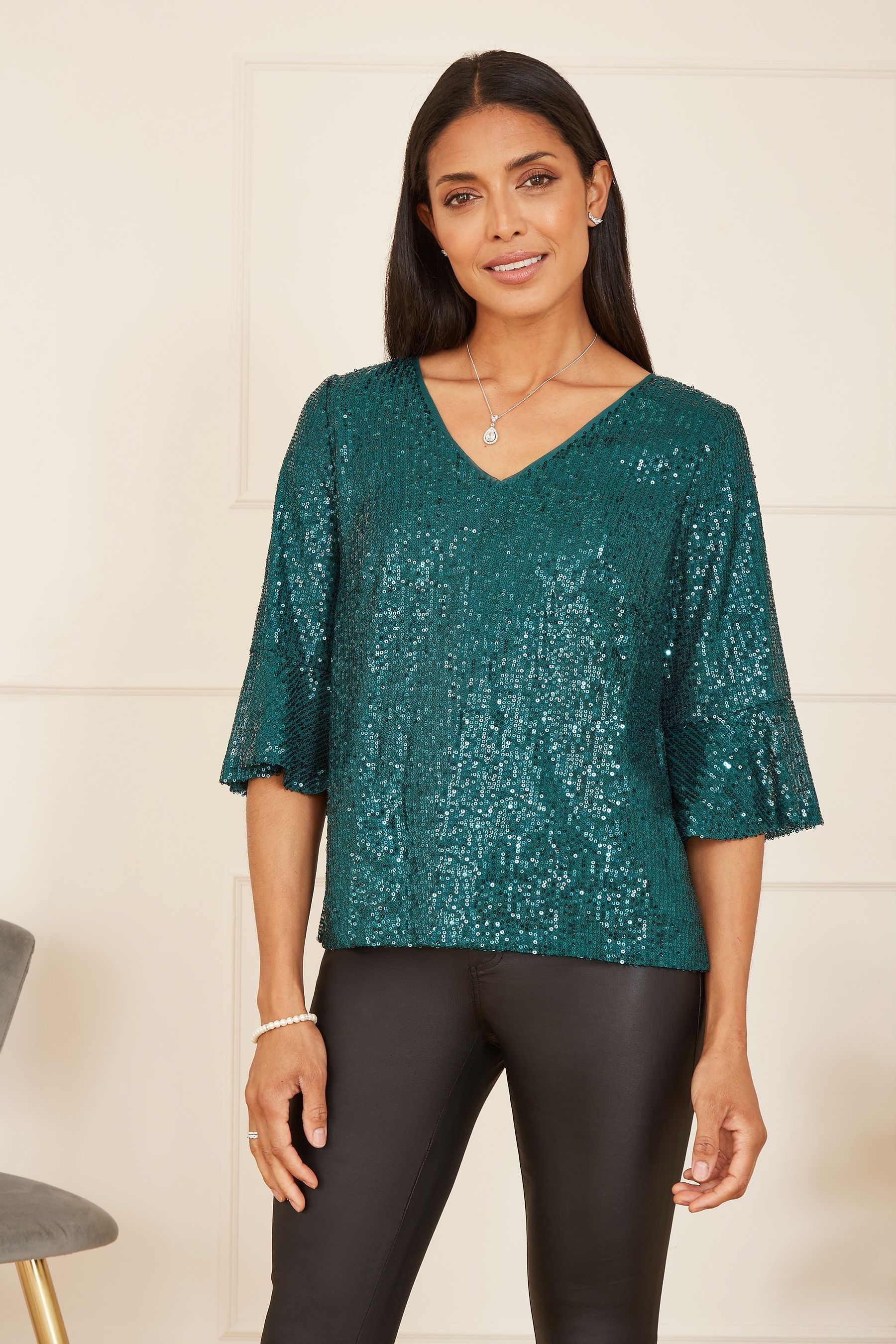 Buy Yumi Green Sequin Top With Fluted Sleeve from the Next UK online shop