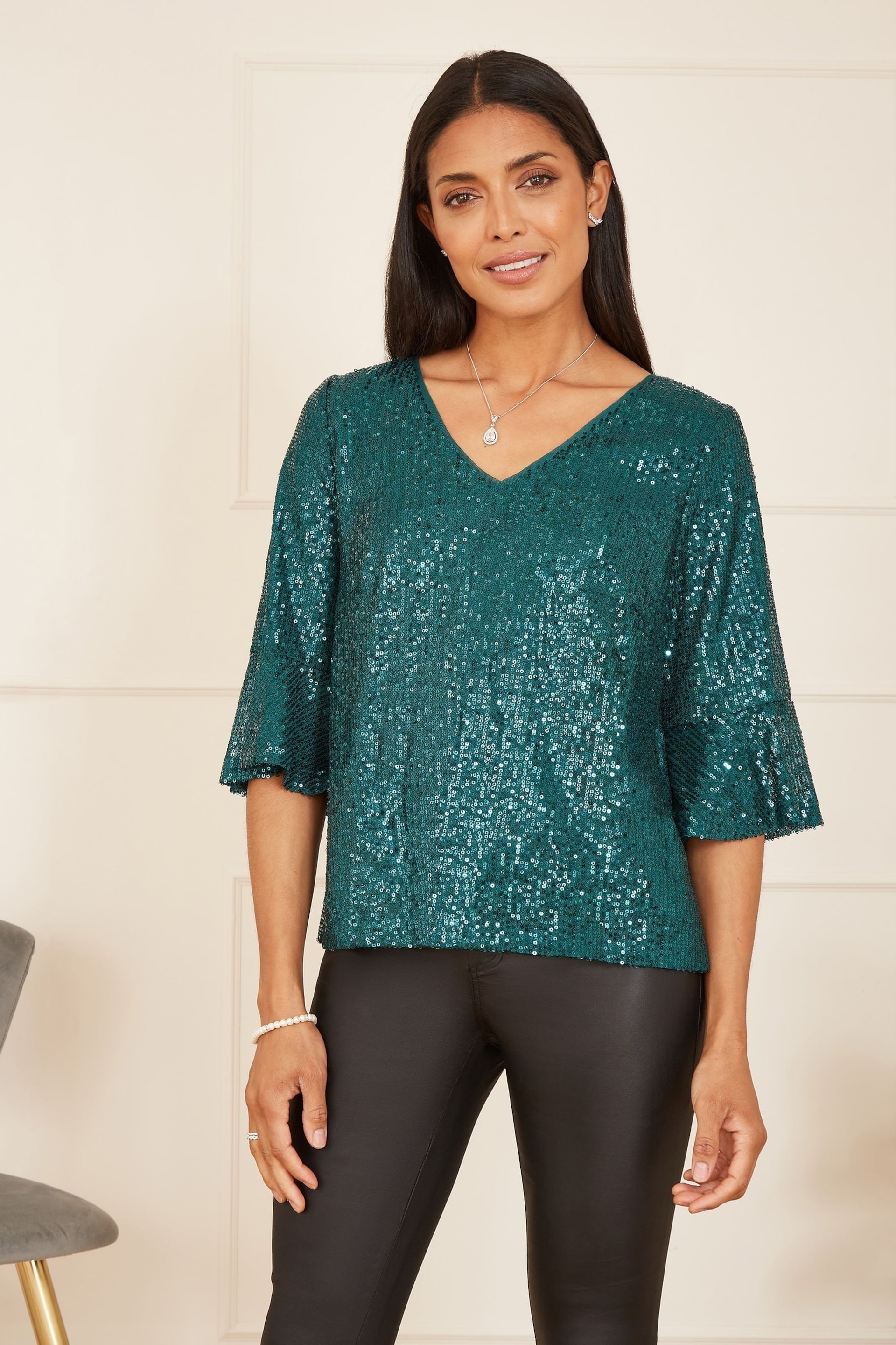 Yumi Green Sequin Top With Fluted Sleeve - Image 1 of 5