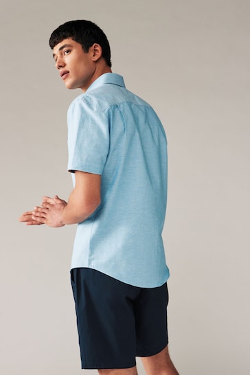 Blue Double Collar Regular Fit Trimmed Linen Blend Short Sleeve Shirt