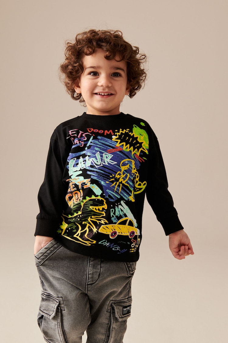 Black Dino Print Long Sleeve Graffiti 100% Cotton T-Shirt (3mths-7yrs) - Image 2 of 5