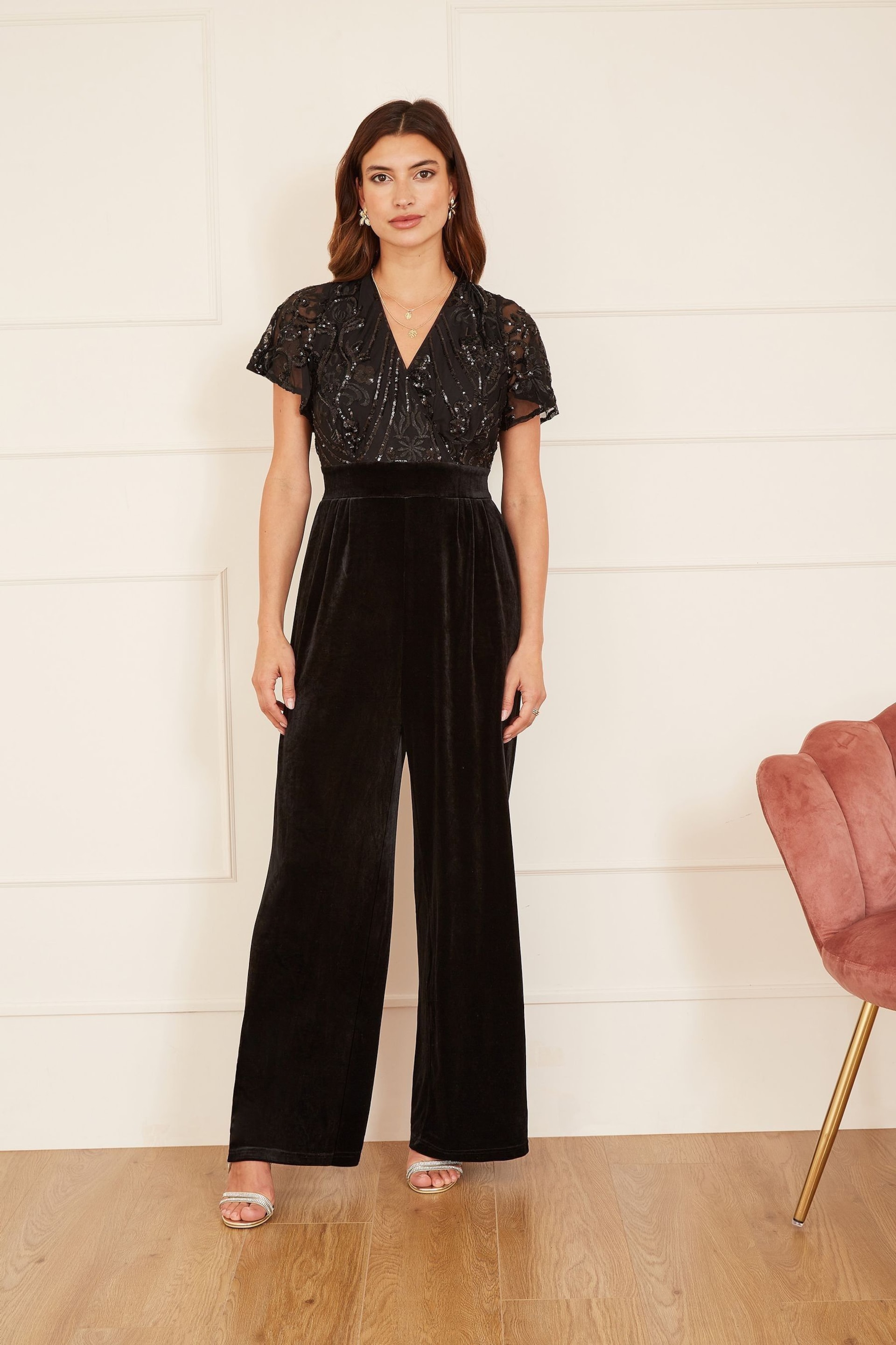 Yumi Black Sequin Embellished Velvet Jumpsuit With Angel Sleeves - Image 1 of 4