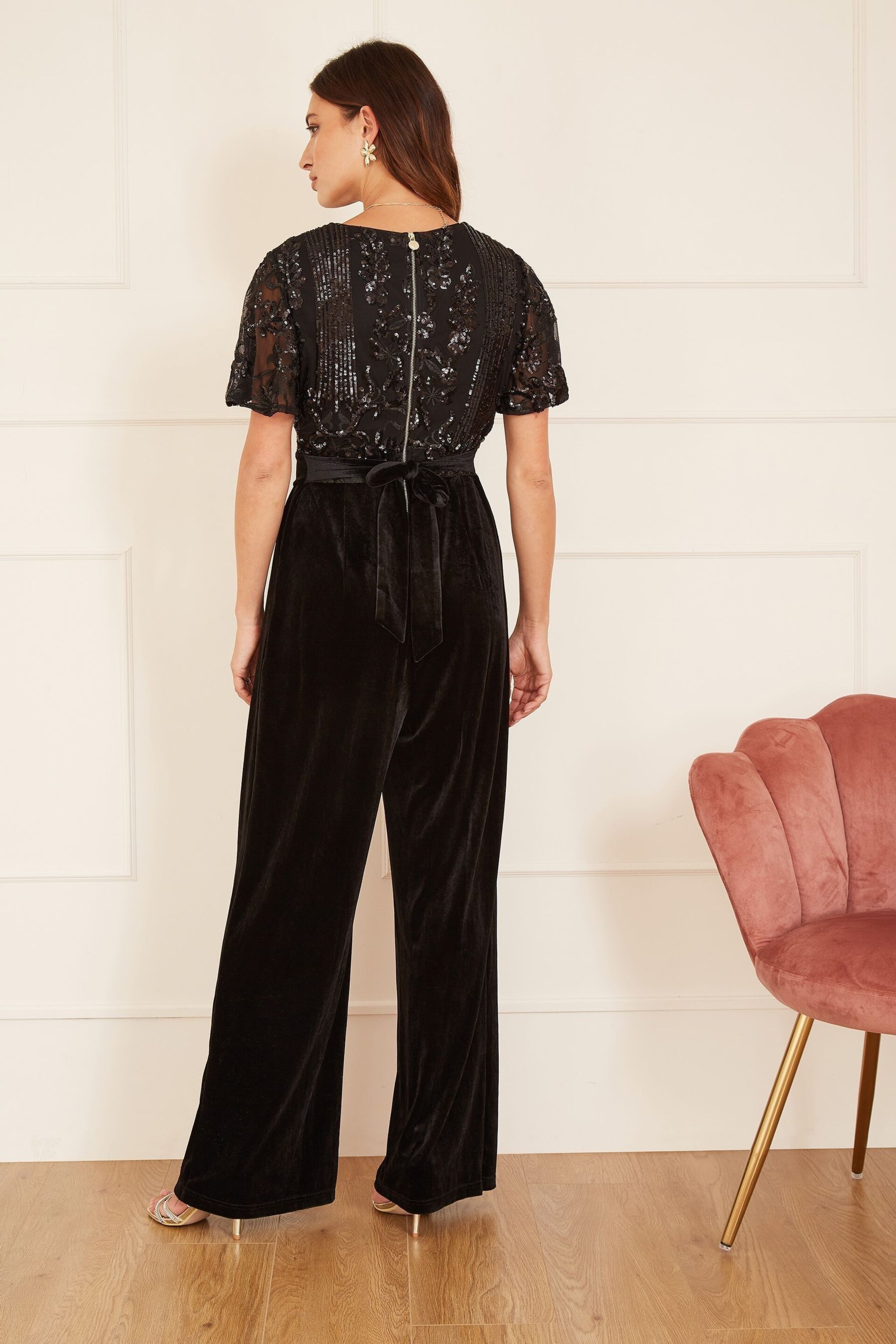 Yumi Black Sequin Embellished Velvet Jumpsuit With Angel Sleeves - Image 2 of 4