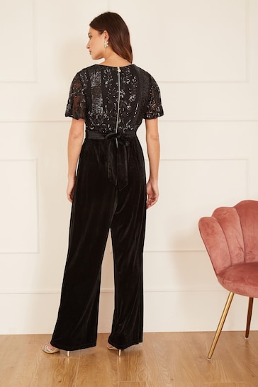 Yumi Black Sequin Embellished Velvet Jumpsuit With Angel Sleeves