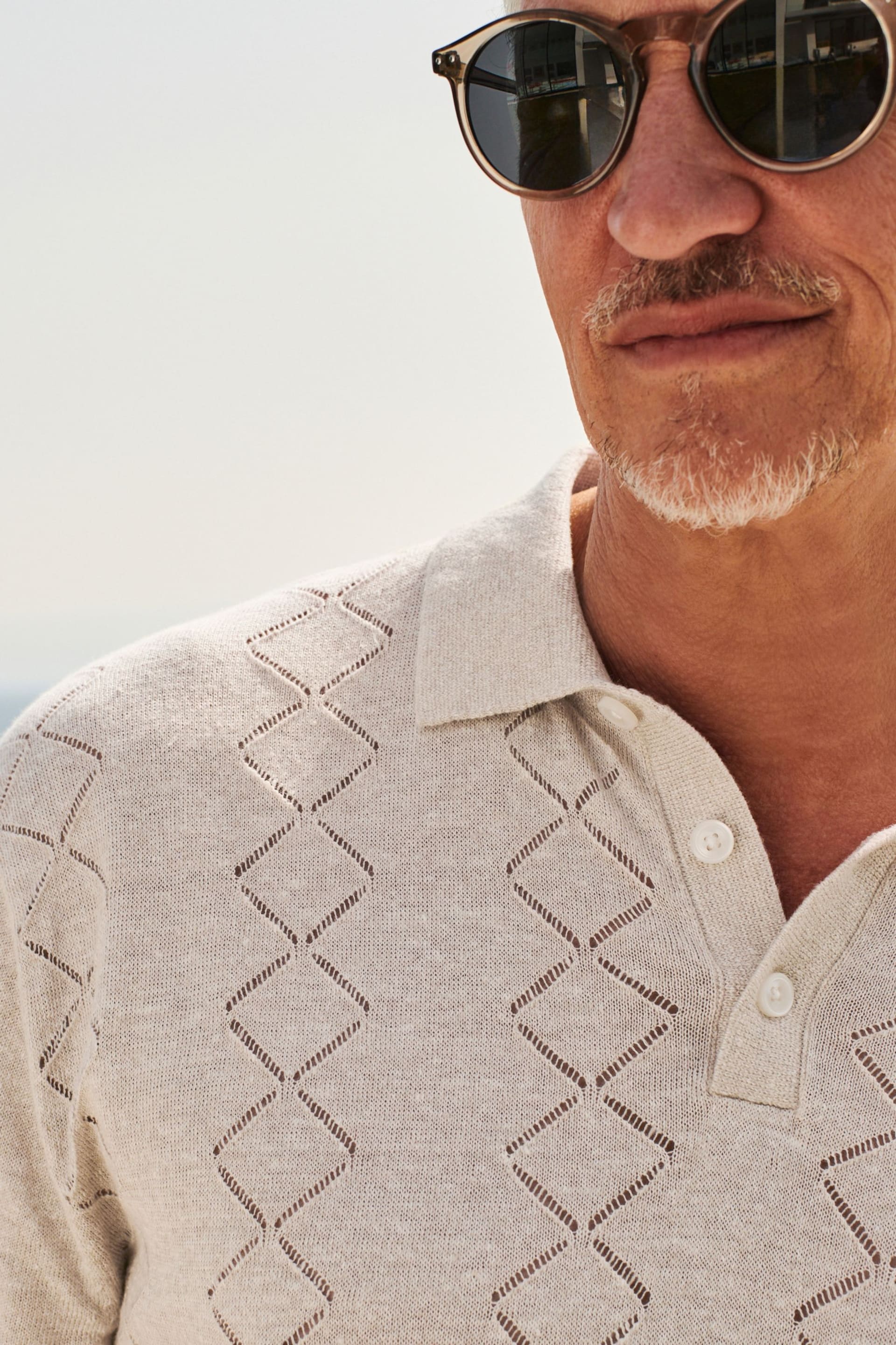 Neutral Pointelle Regular Linen Knitted Polo Shirt - Image 2 of 7