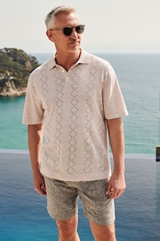 Neutral Pointelle Regular Linen Knitted Polo Shirt - Image 3 of 7