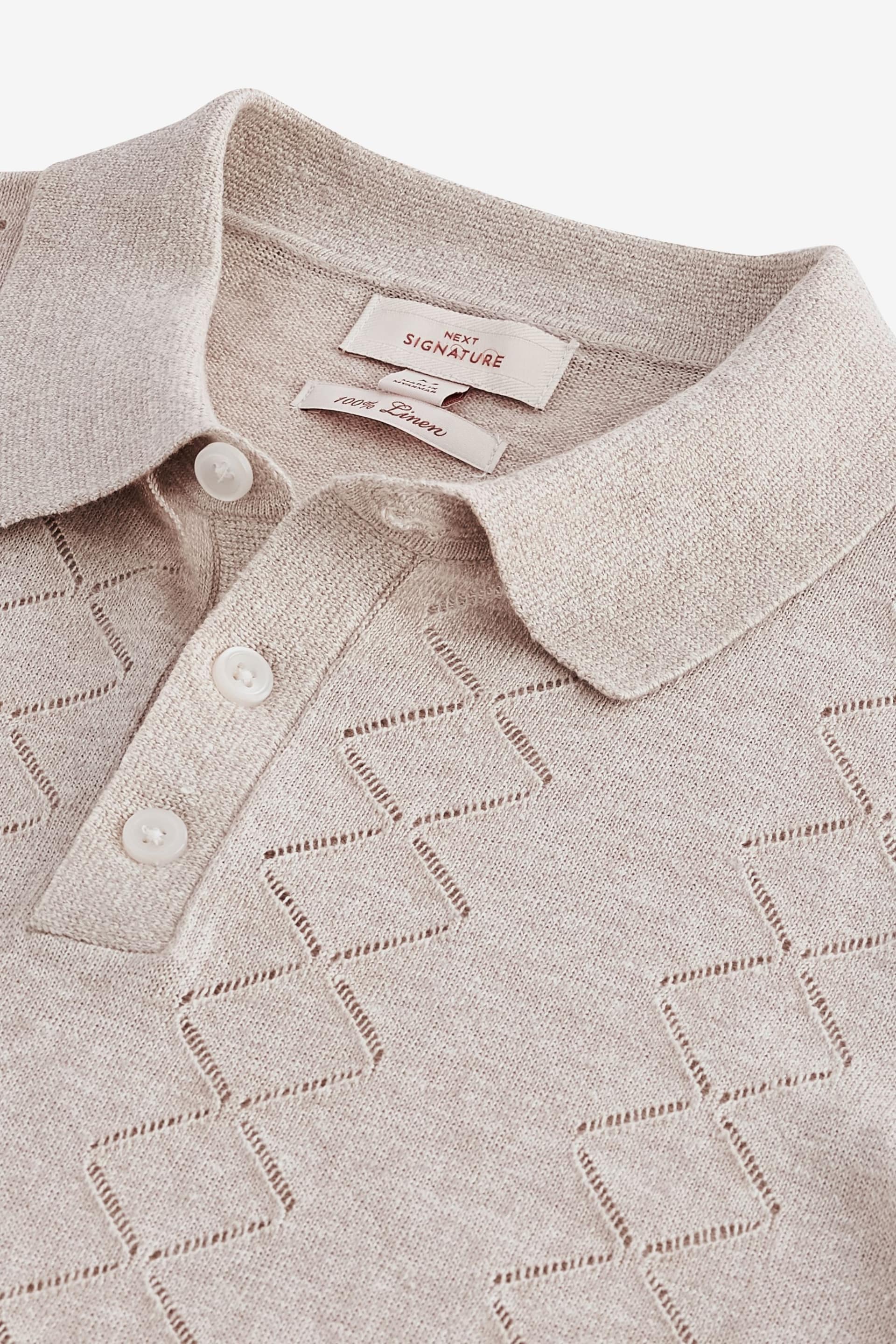 Neutral Pointelle Regular Linen Knitted Polo Shirt - Image 6 of 7