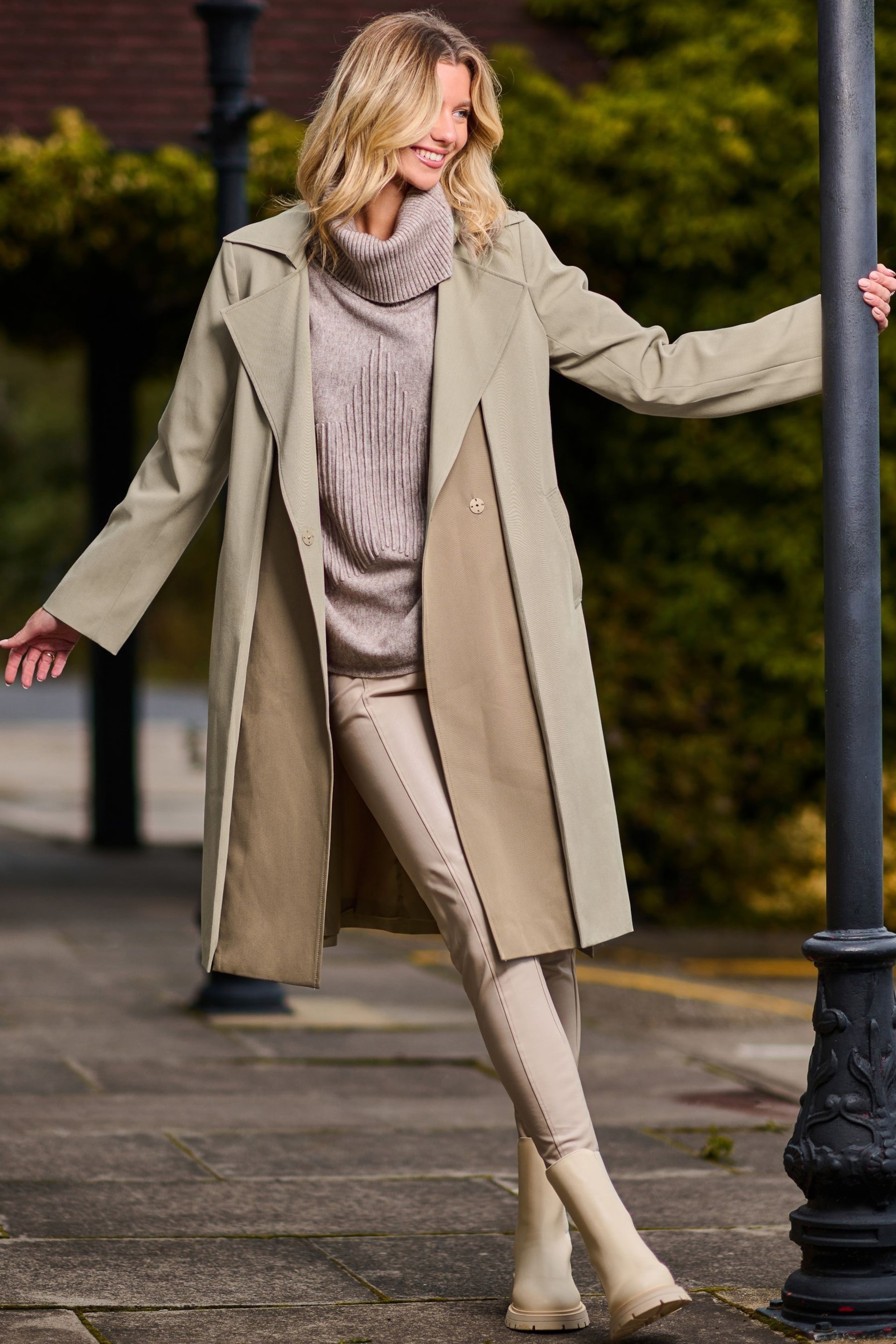 Jolie Moi Cream Two Tone Contrast Trench Coat - Image 1 of 4