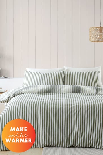 Catherine Lansfield Green Brushed Cotton Stripe Duvet Cover Set