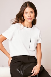 Lipsy White Relaxed Blanket Stitch Round Neck T-Shirt - Image 1 of 4