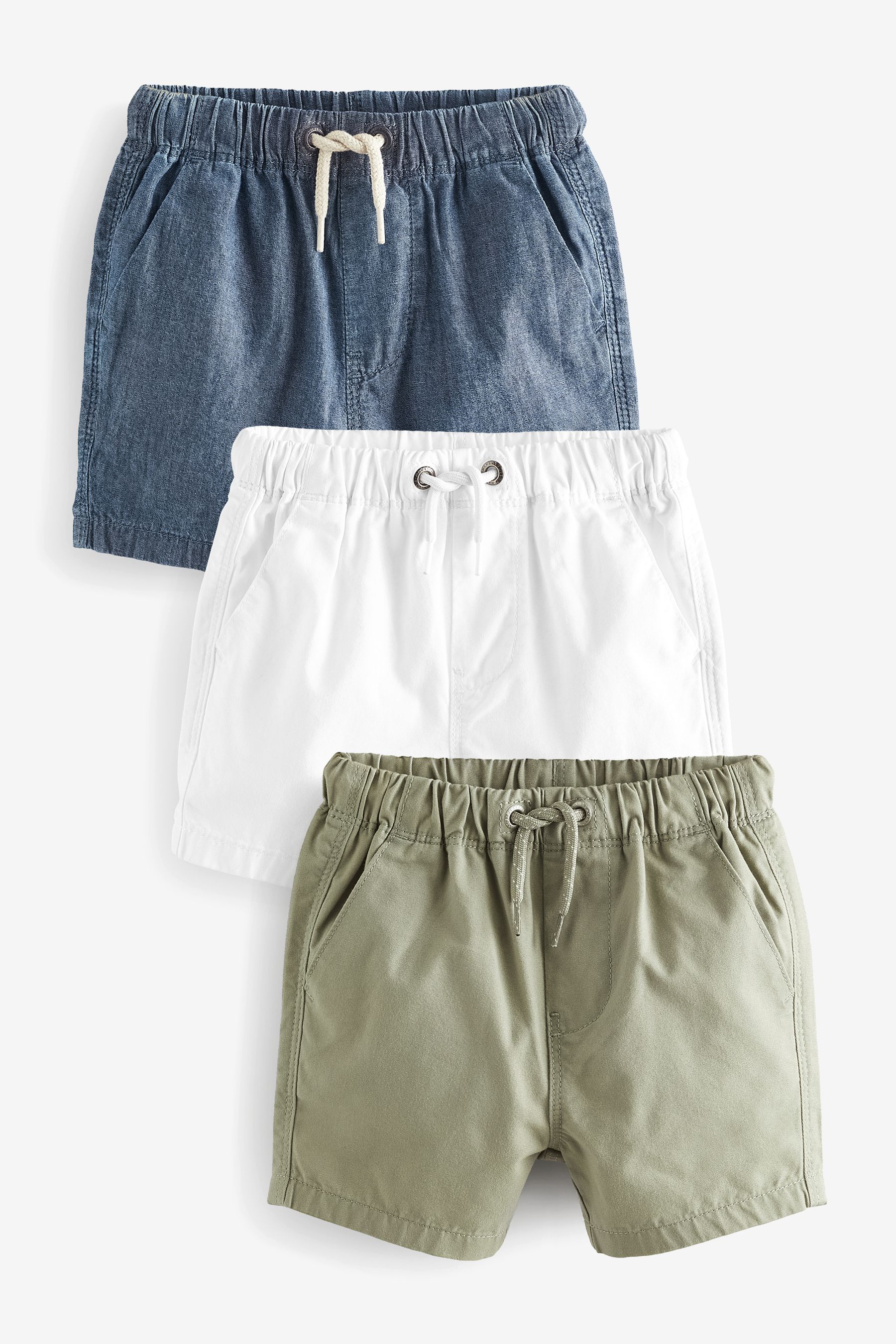Sage Chambray White Pull On 100 Cotton Shorts 3 Pack 3mths 7yrs