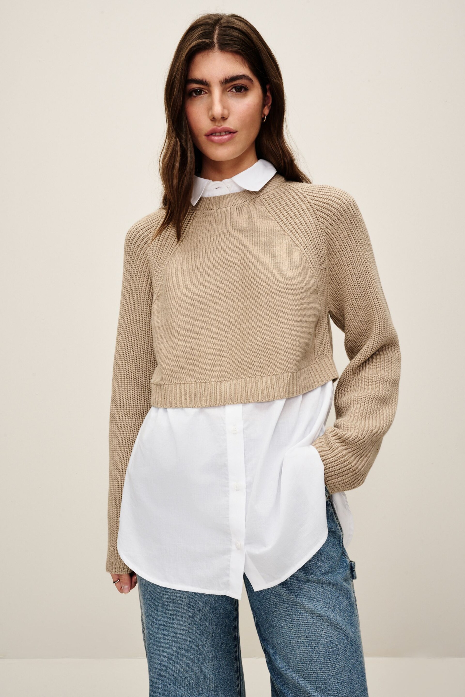 Neutral Cropped Jumper Layer Shirt - Image 2 of 7