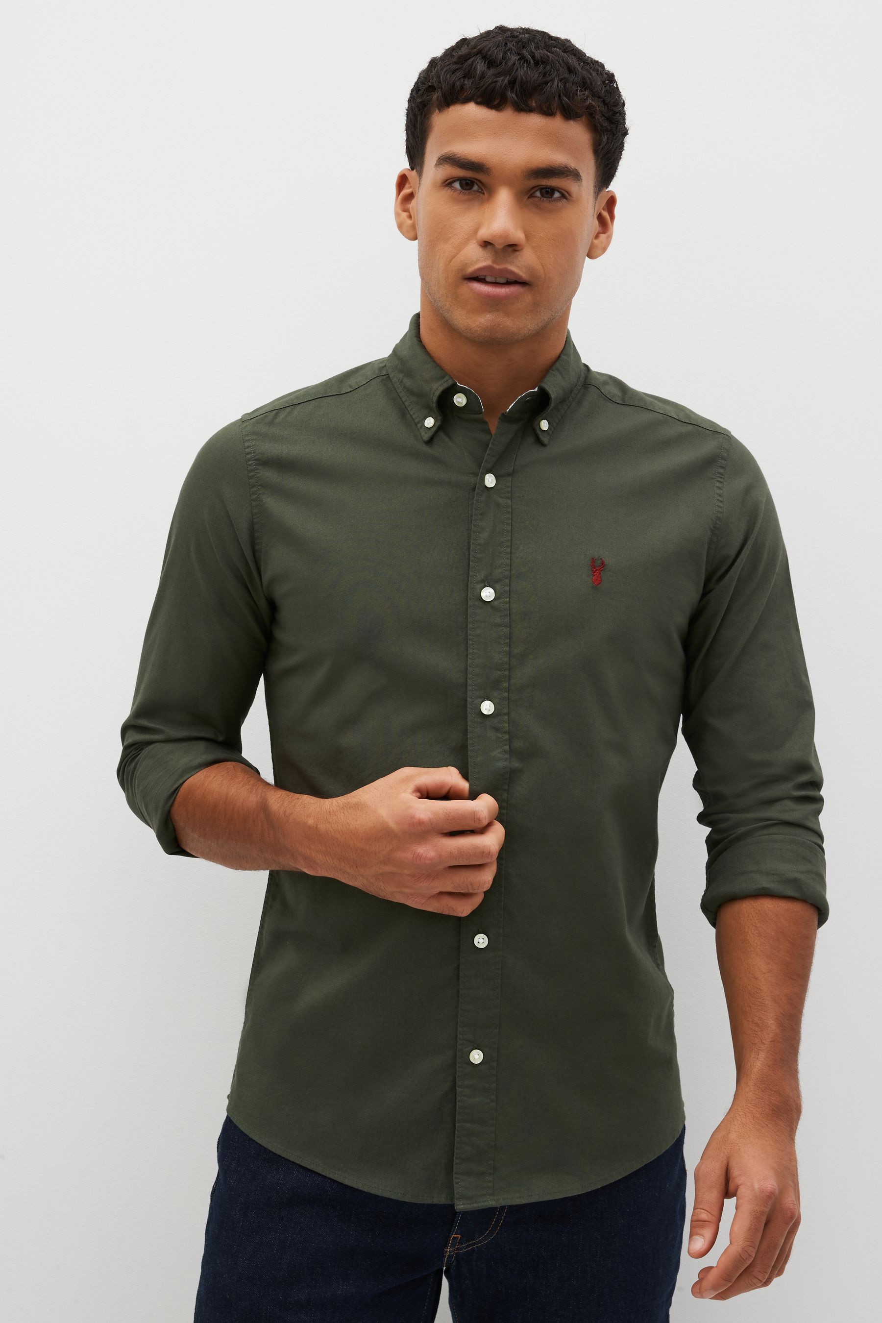 Buy Dark Green Slim Fit Long Sleeve Oxford Shirt from Next Luxembourg