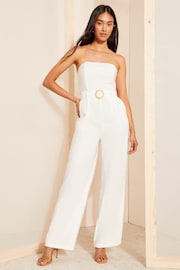 Friends Like These Ivory White Bandaeau Linen Look Raffia Belted Jumpsuit - Image 3 of 4