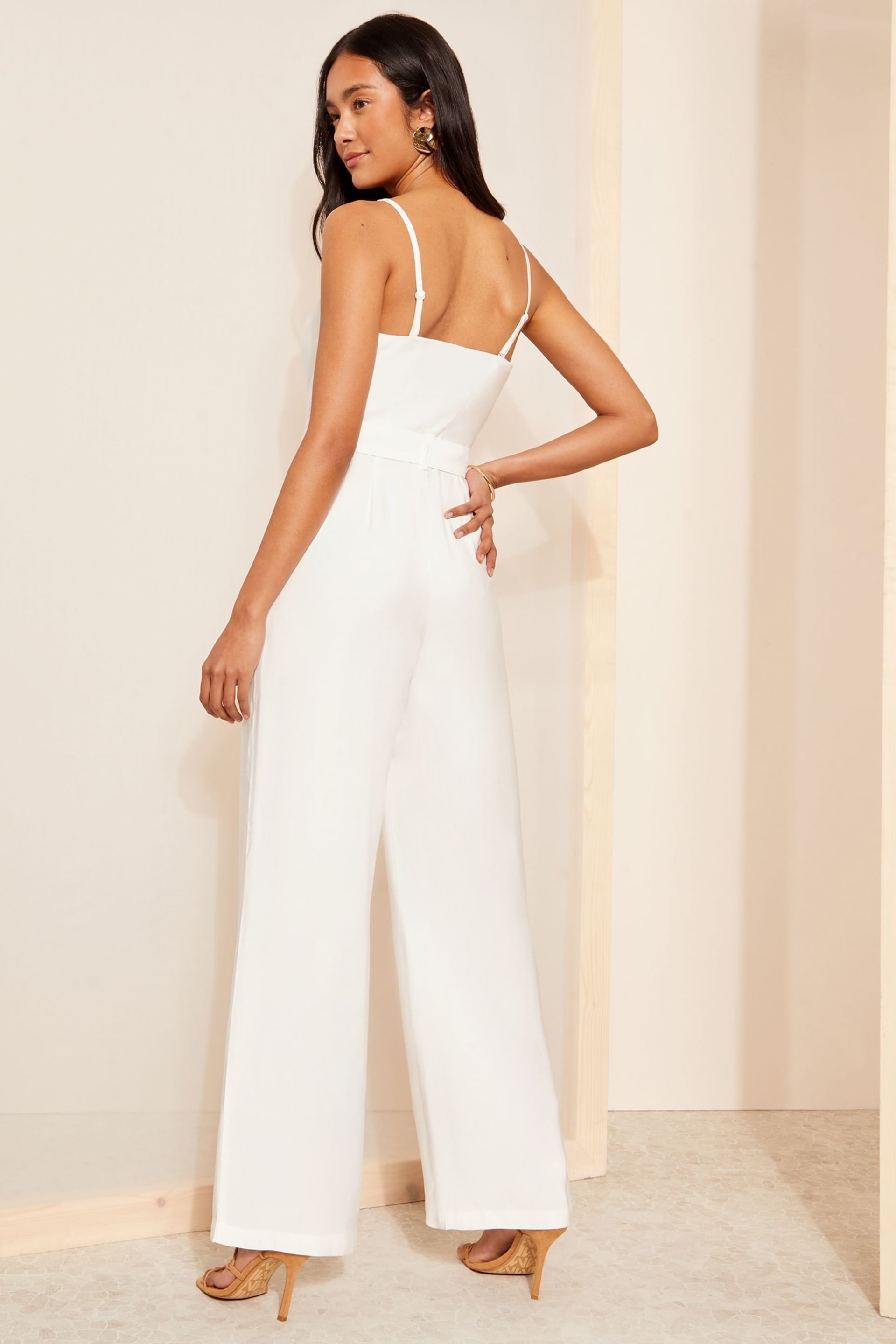 Friends Like These Ivory White Bandaeau Linen Look Raffia Belted Jumpsuit - Image 4 of 4