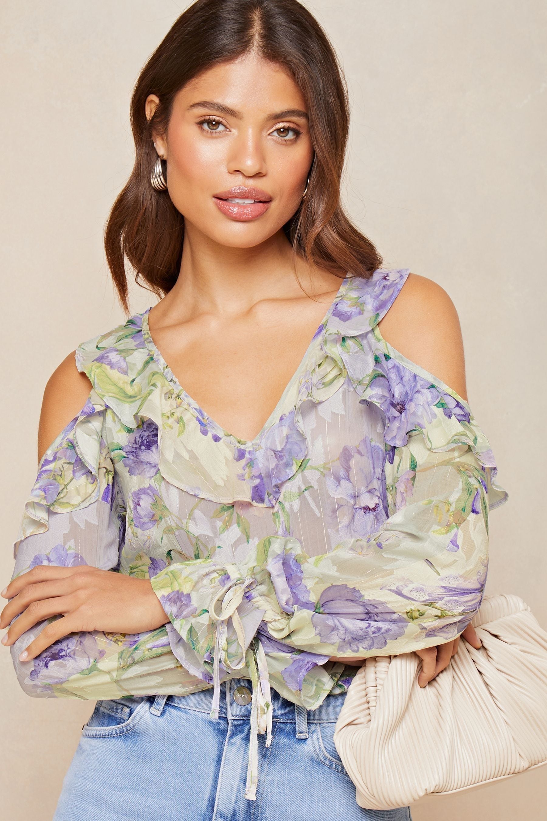 Buy Lipsy Blue Ruffle Long Sleeve Cold Shoulder Blouse from Next Luxembourg