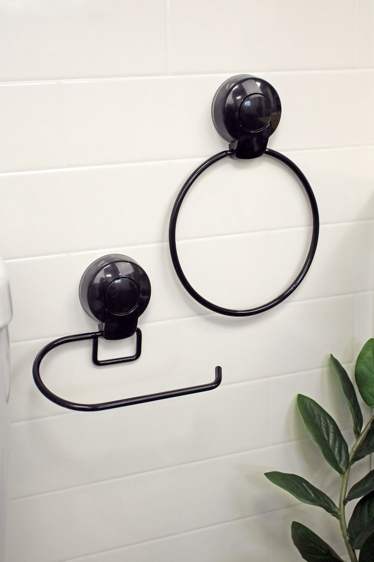 Showerdrape Black Suctionloc Set Of 2 Toilet Roll Holder and Towel Ring - Image 1 of 4