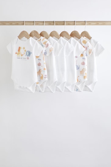 White Noahs Ark 7 Pack Short Sleeve Baby Bodysuits