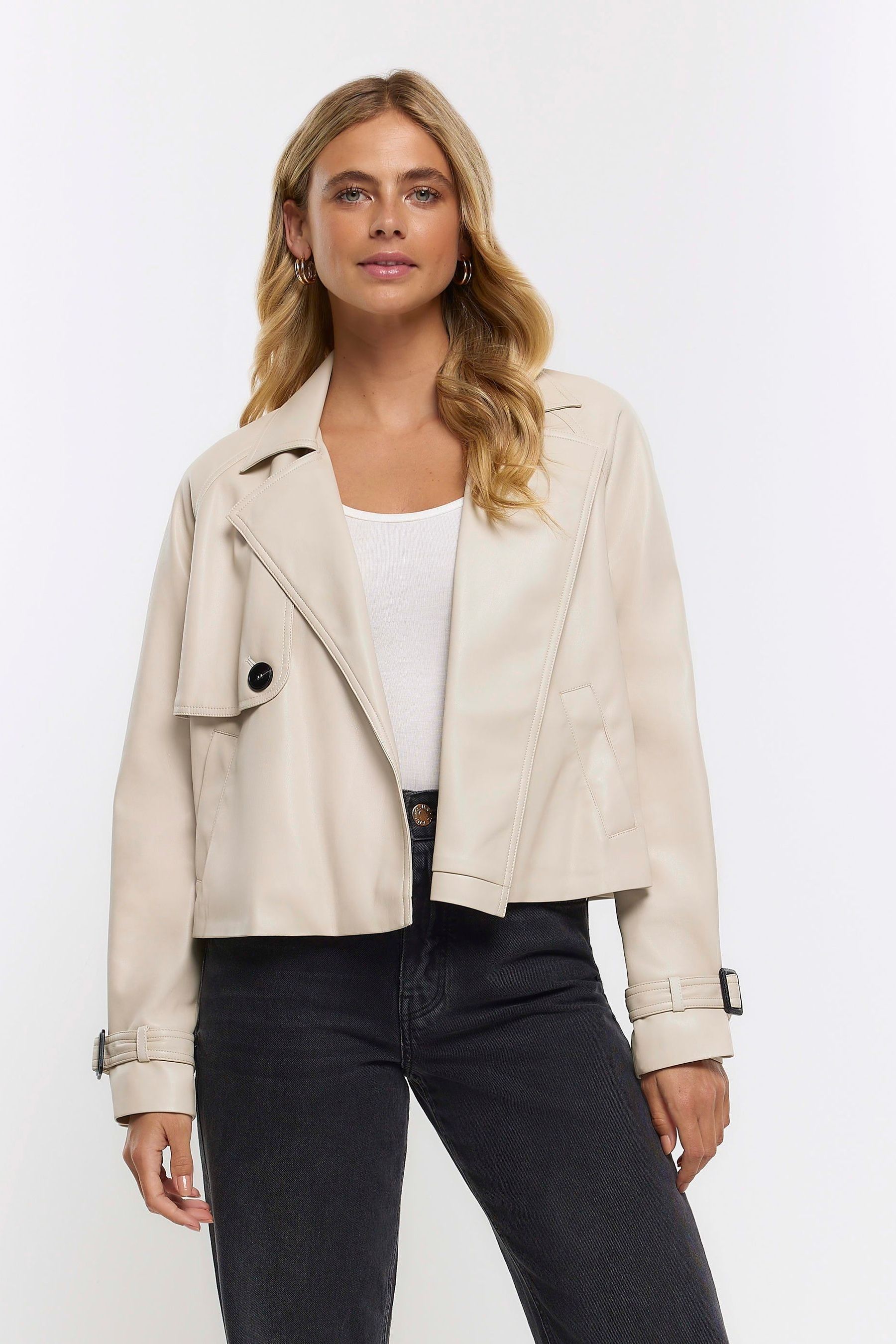 Buy River Island Cream Crop PU Trench Jacket from the Next UK