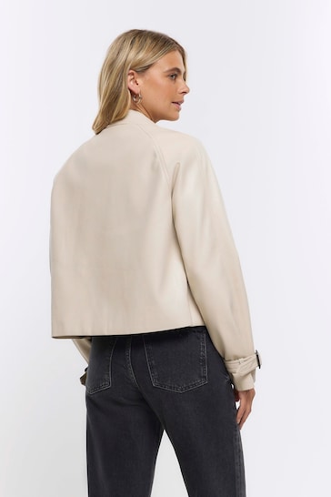 River Island Cream Crop Faux Leather Trench Coat