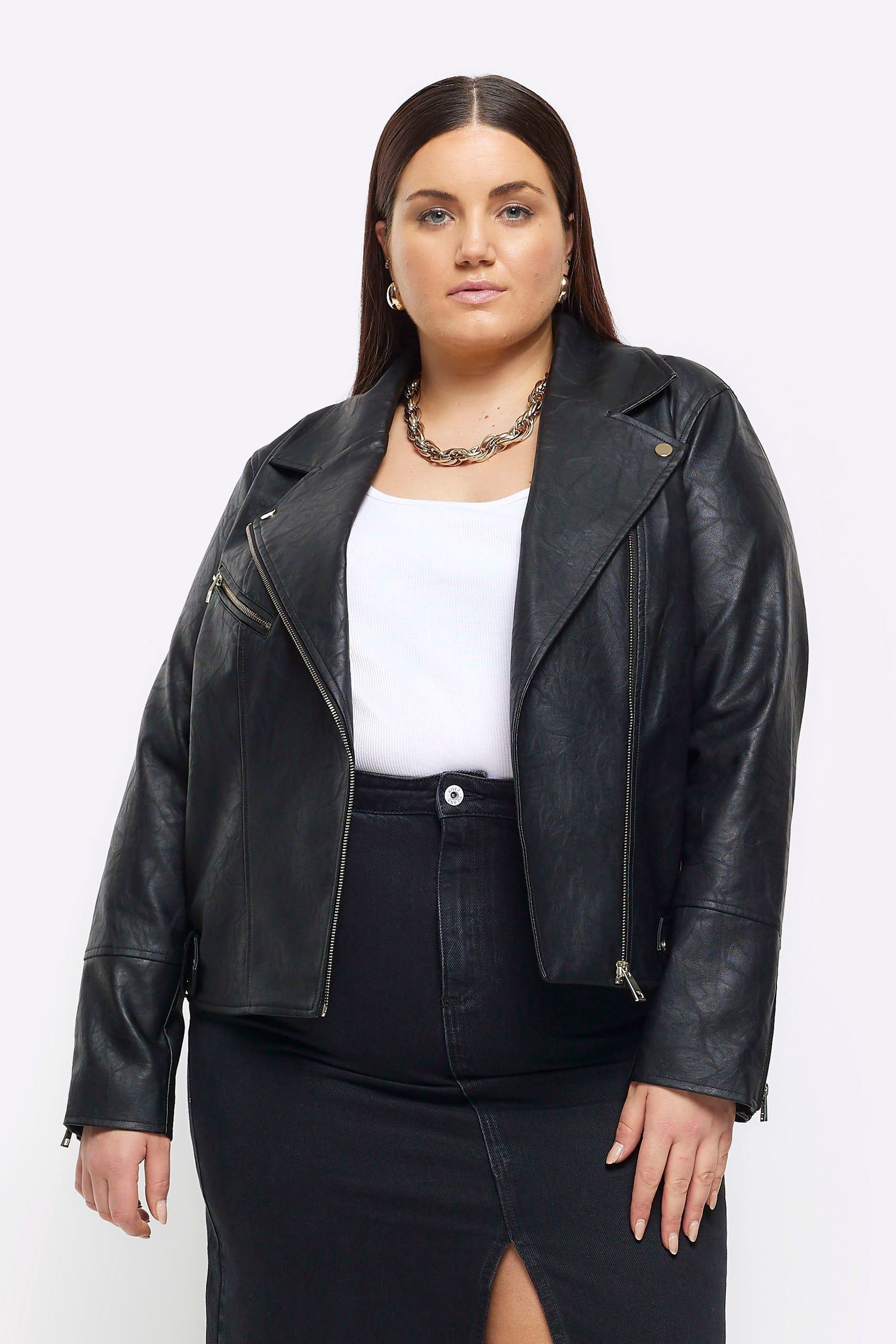Buy River Island Black Curve Faux Leather Biker Jacket from the Next UK online shop