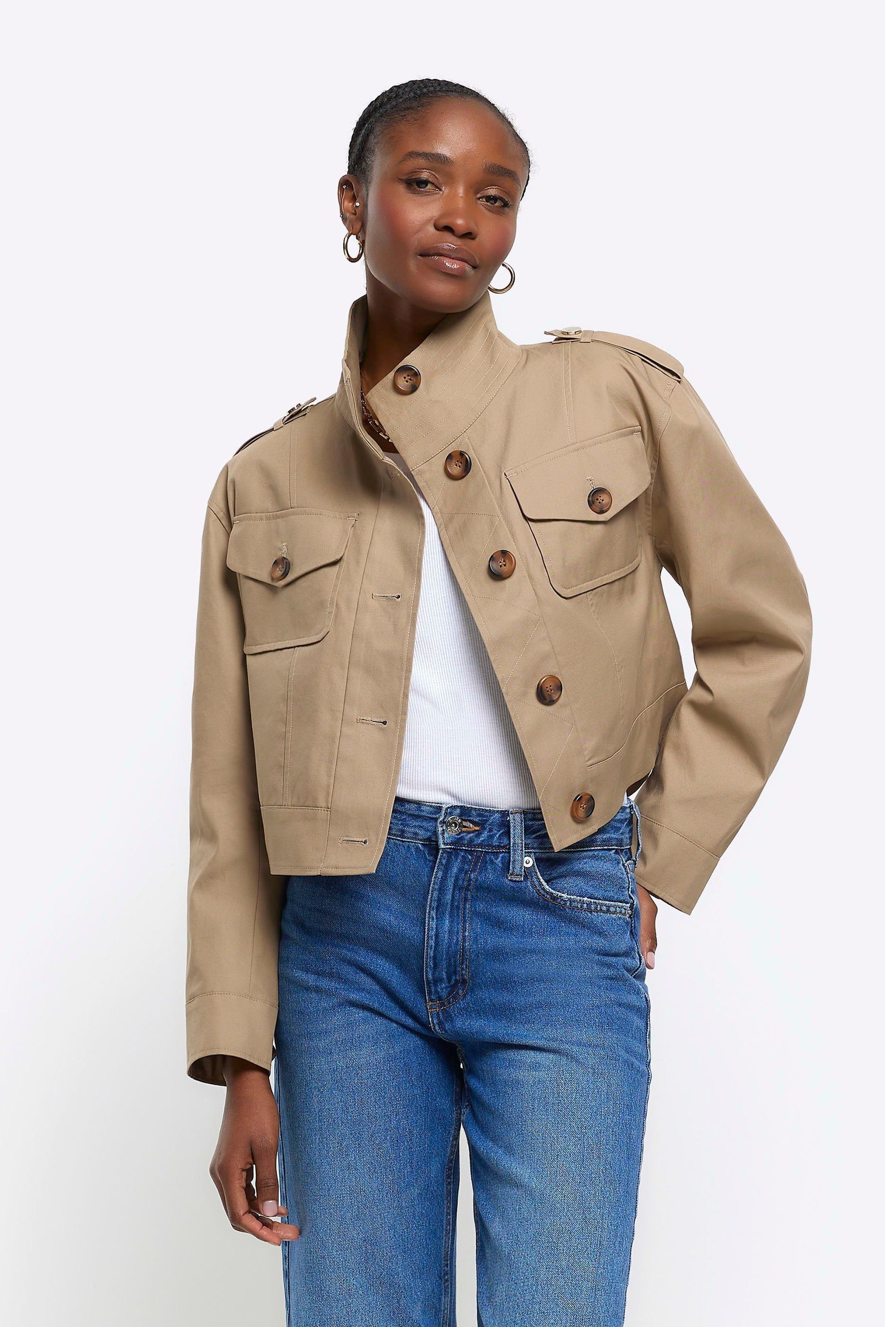 Buy River Island Brown Beige Crop Trench Jacket from Next Luxembourg