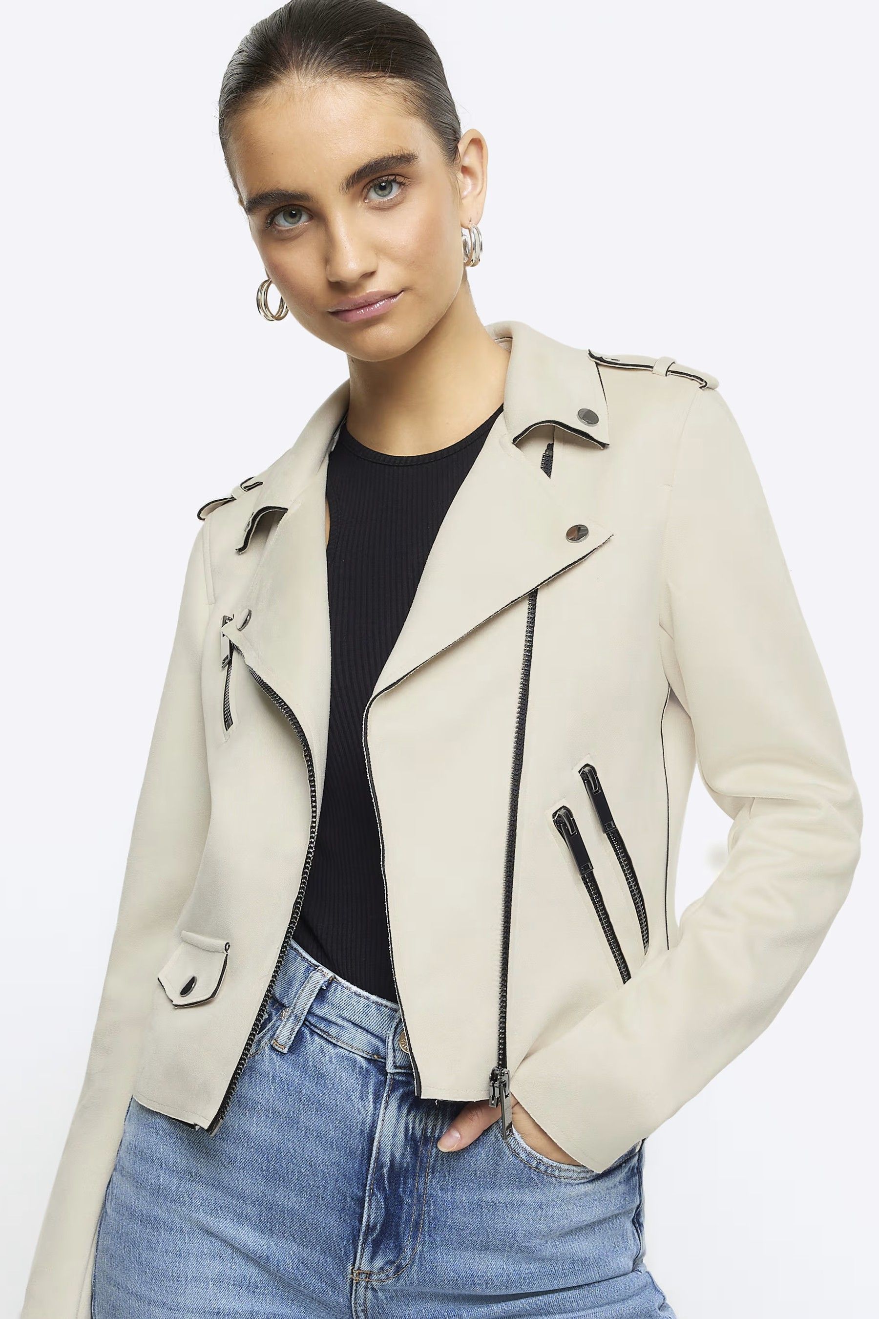 Buy River Island White Suedette Crop Biker Jacket from Next Luxembourg
