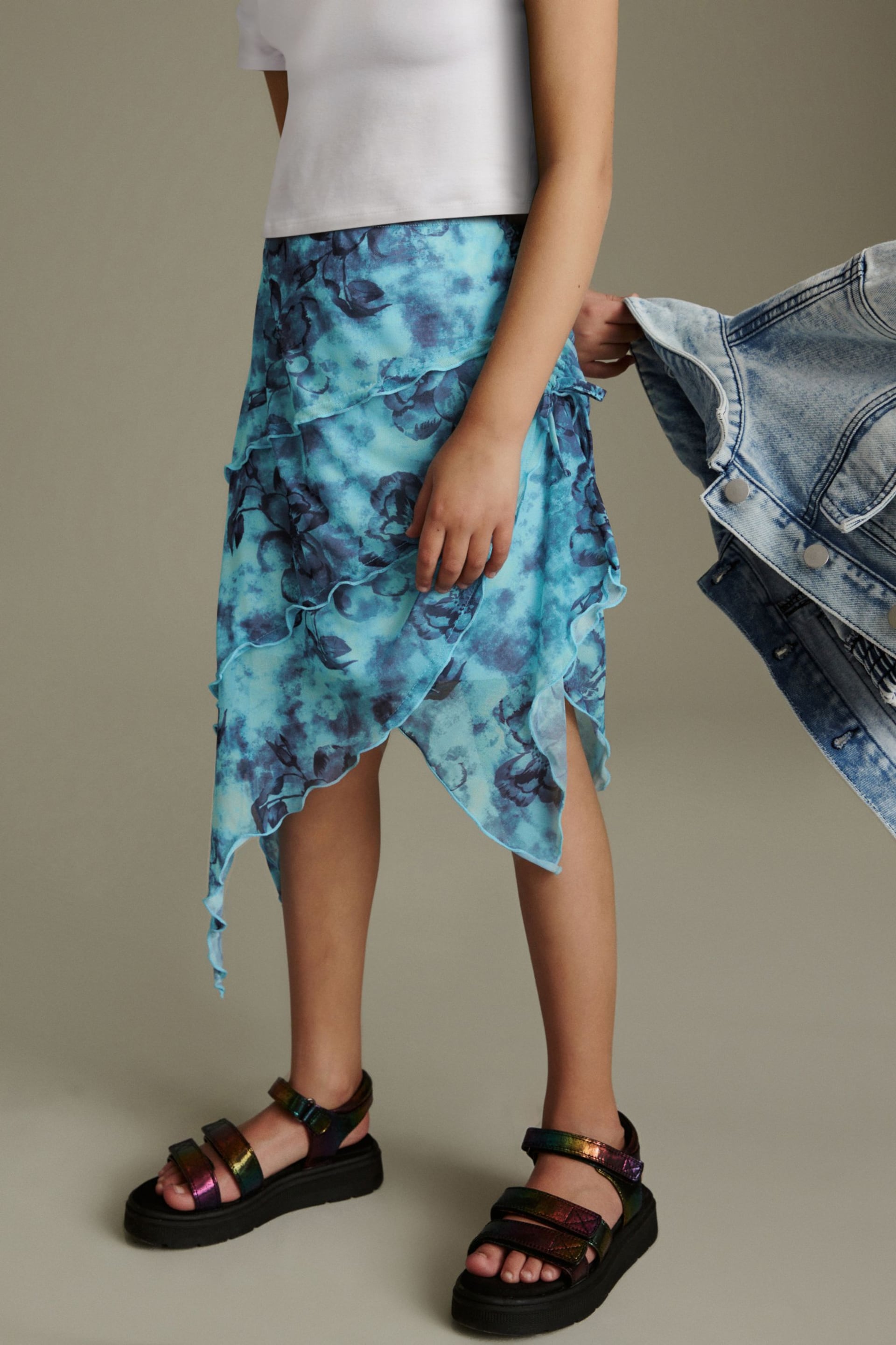 Multi Blue Floral Printed Asymmetric Skirt (3-16yrs) - Image 3 of 8