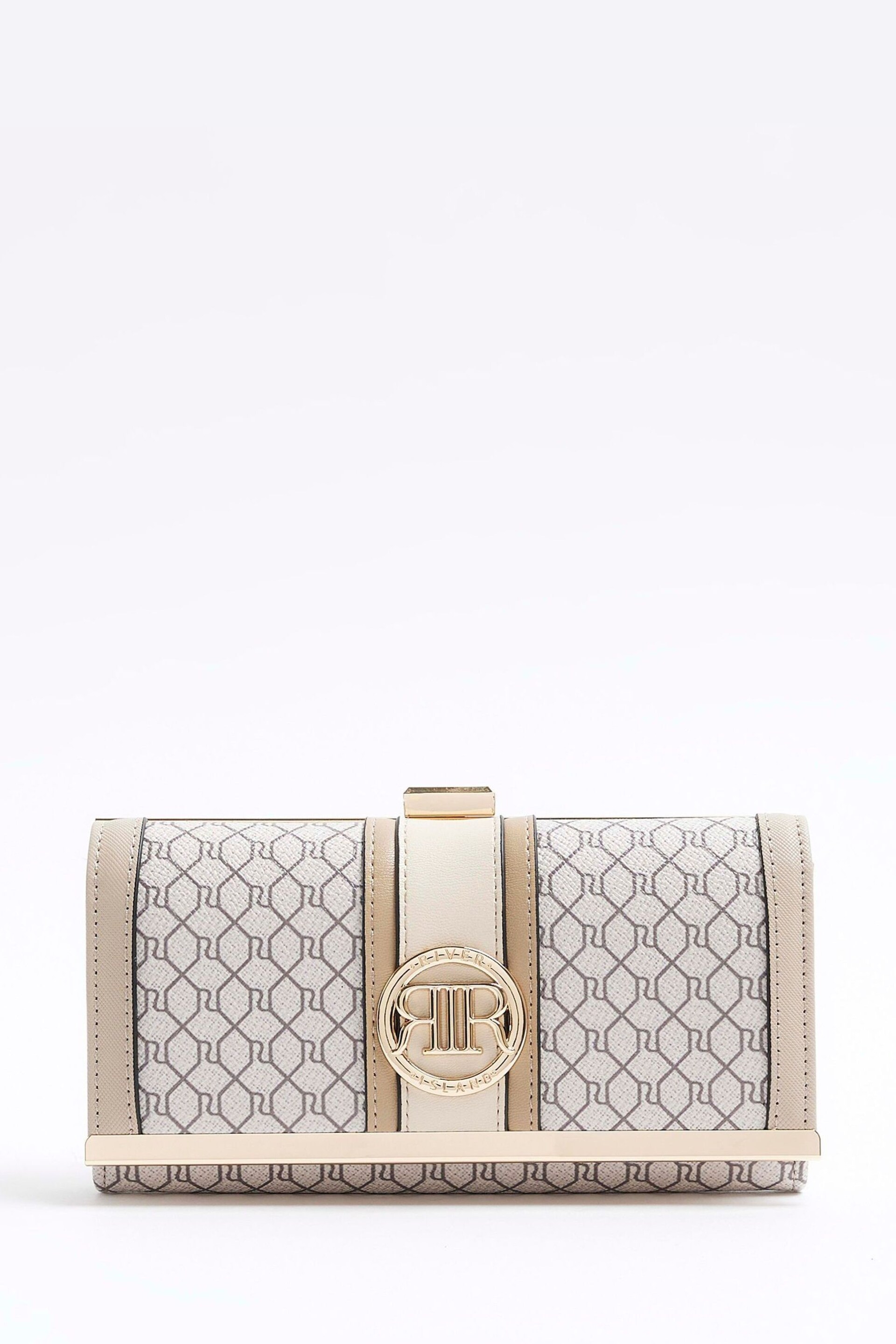 River Island Cream Panelled Monogram Cliptop Purse - Image 1 of 4