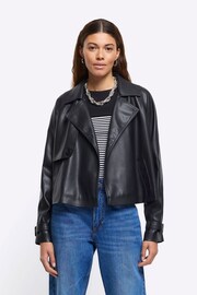 River Island Black Crop PU Trench Jacket - Image 1 of 4