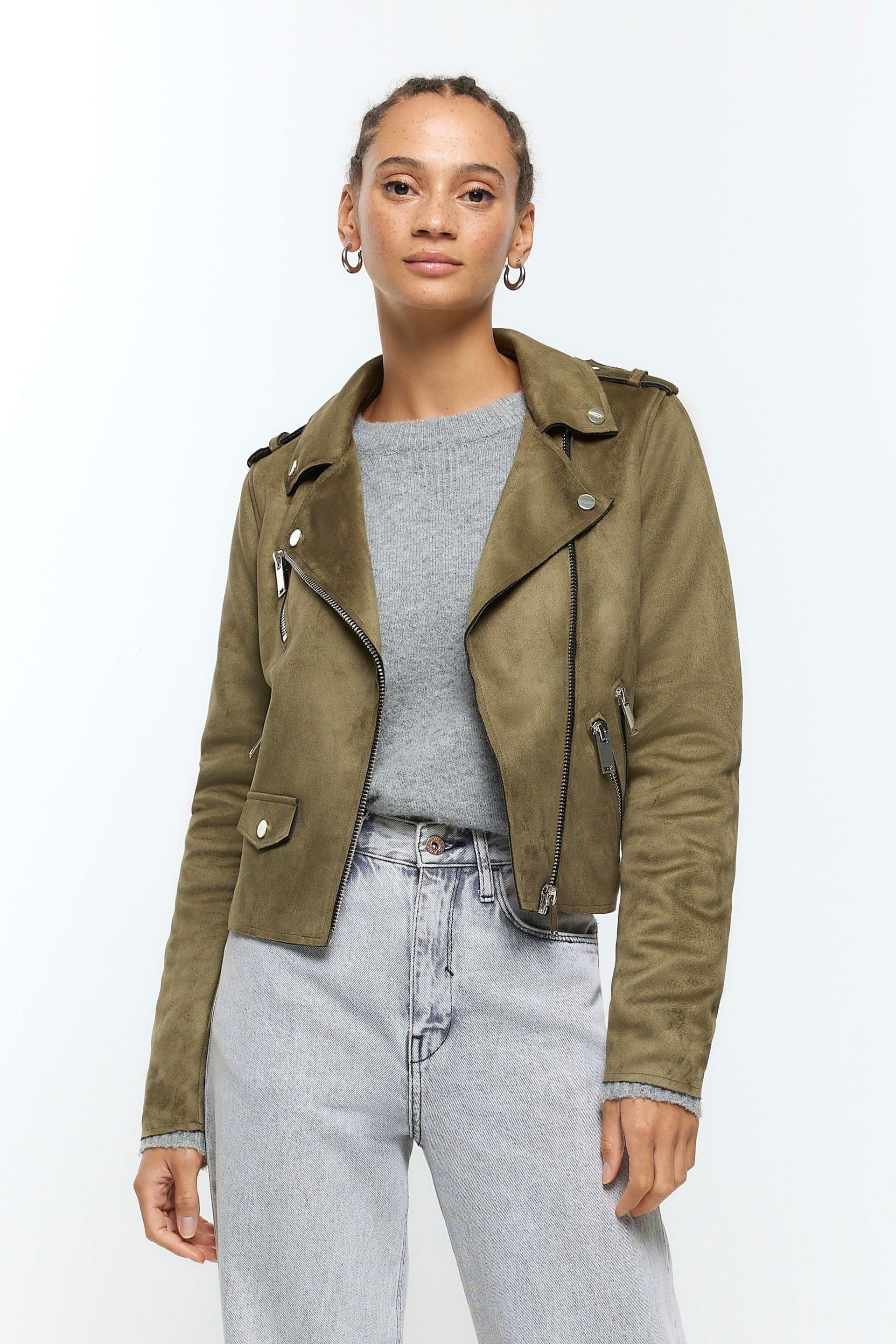 River Island Green Suedette Crop Biker Jacket - Image 1 of 3