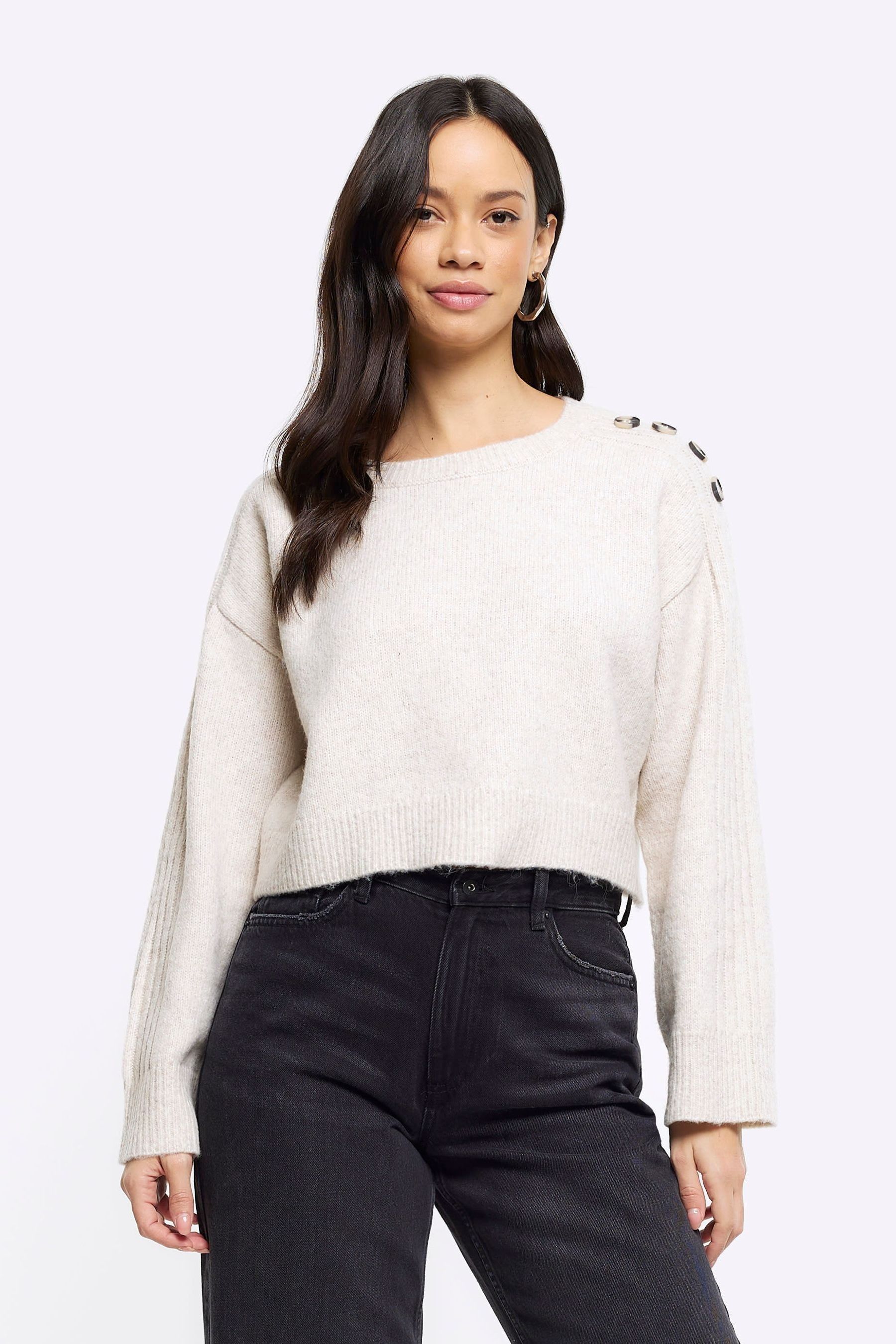 Buy River Island Cream Cropped Button Shoulder Jumper from Next Luxembourg
