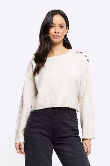 Buy River Island Cream Cropped Button Shoulder Jumper from the Next UK ...