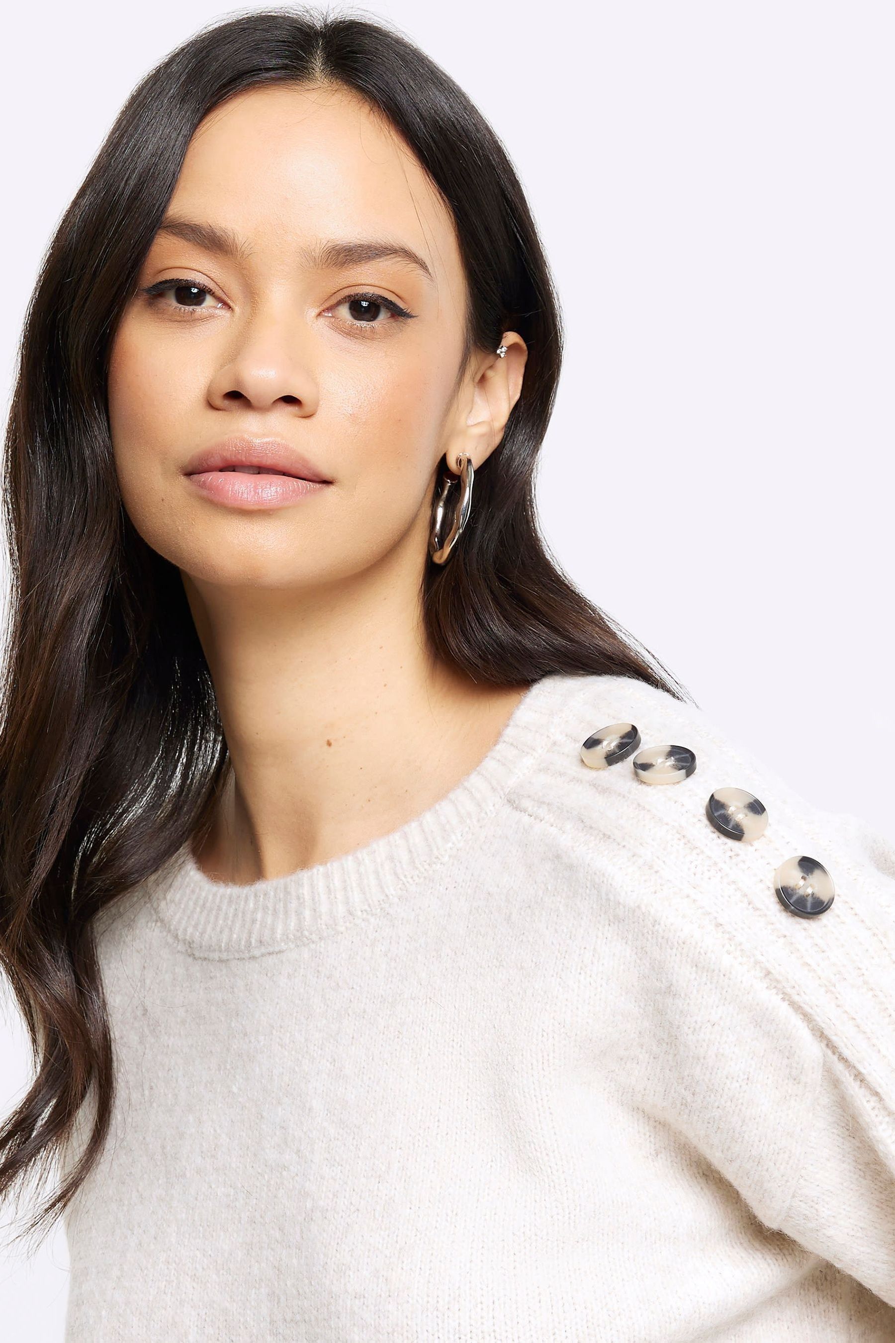 Buy River Island Cream Cropped Button Shoulder Jumper from Next Luxembourg