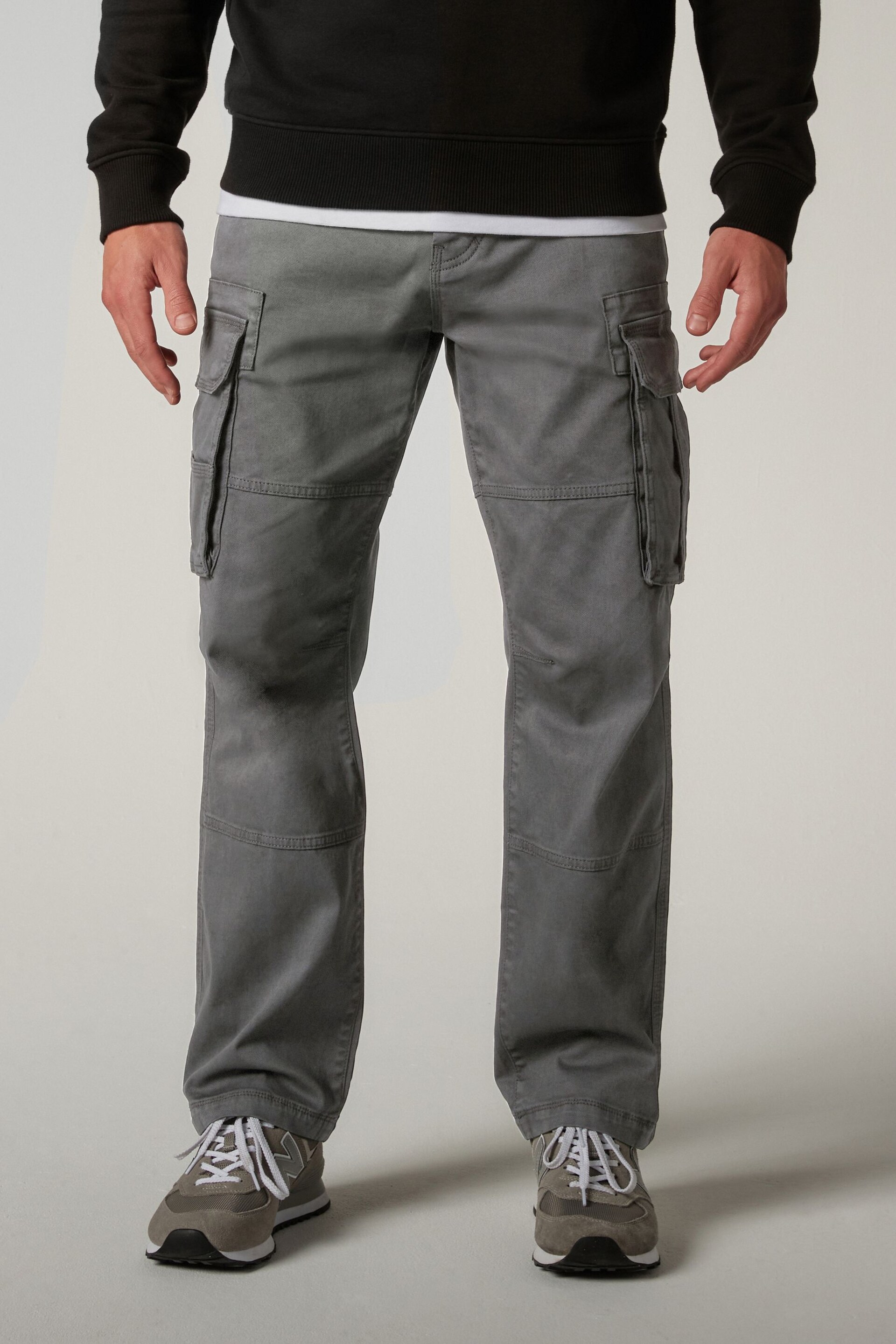 Charcoal Grey Straight Authentic Stretch Cotton Blend Cargo Trousers - Image 1 of 9