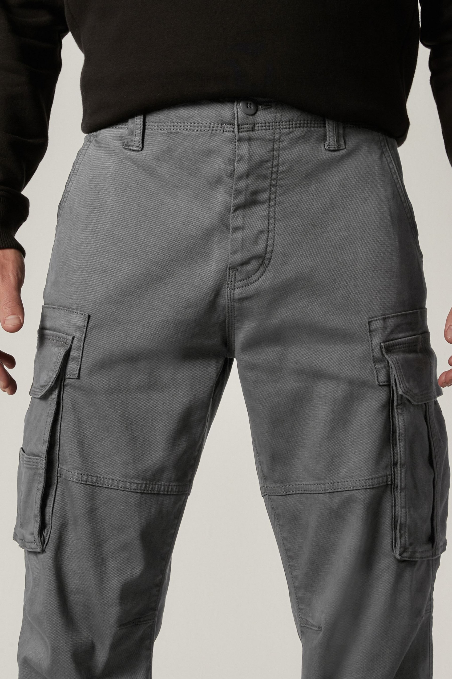 Charcoal Grey Straight Authentic Stretch Cotton Blend Cargo Trousers - Image 4 of 9