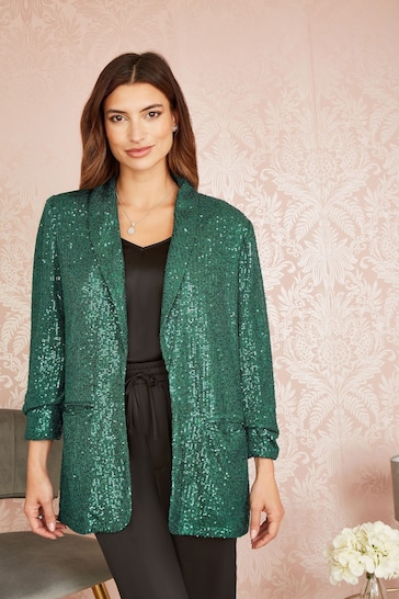 Yumi Dark Green Sequin Blazer With Pockets