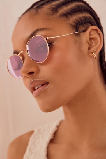 Gold Tone Mirrored Lens Round Sunglasses