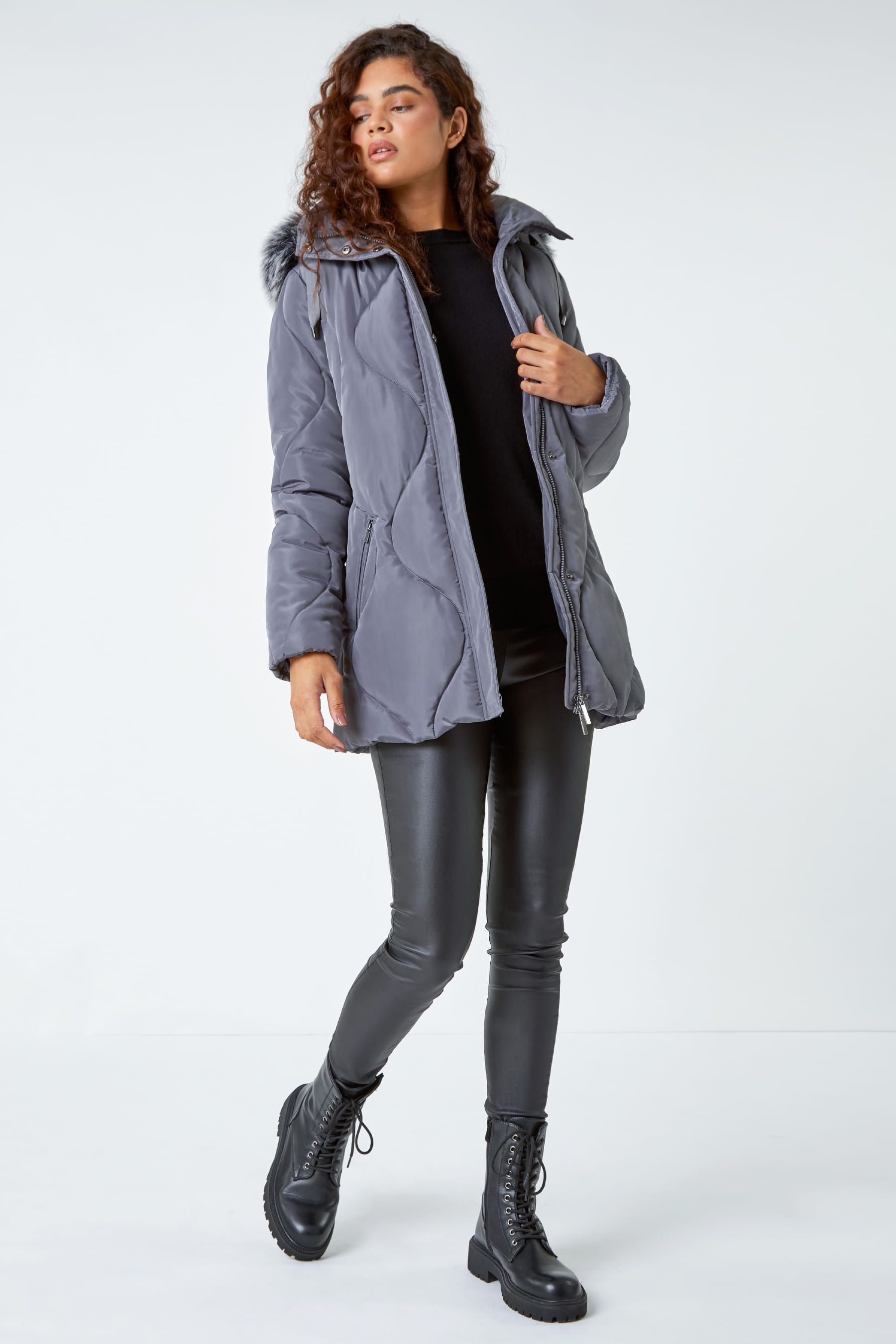 Grey quilted coat with fur hood outlet