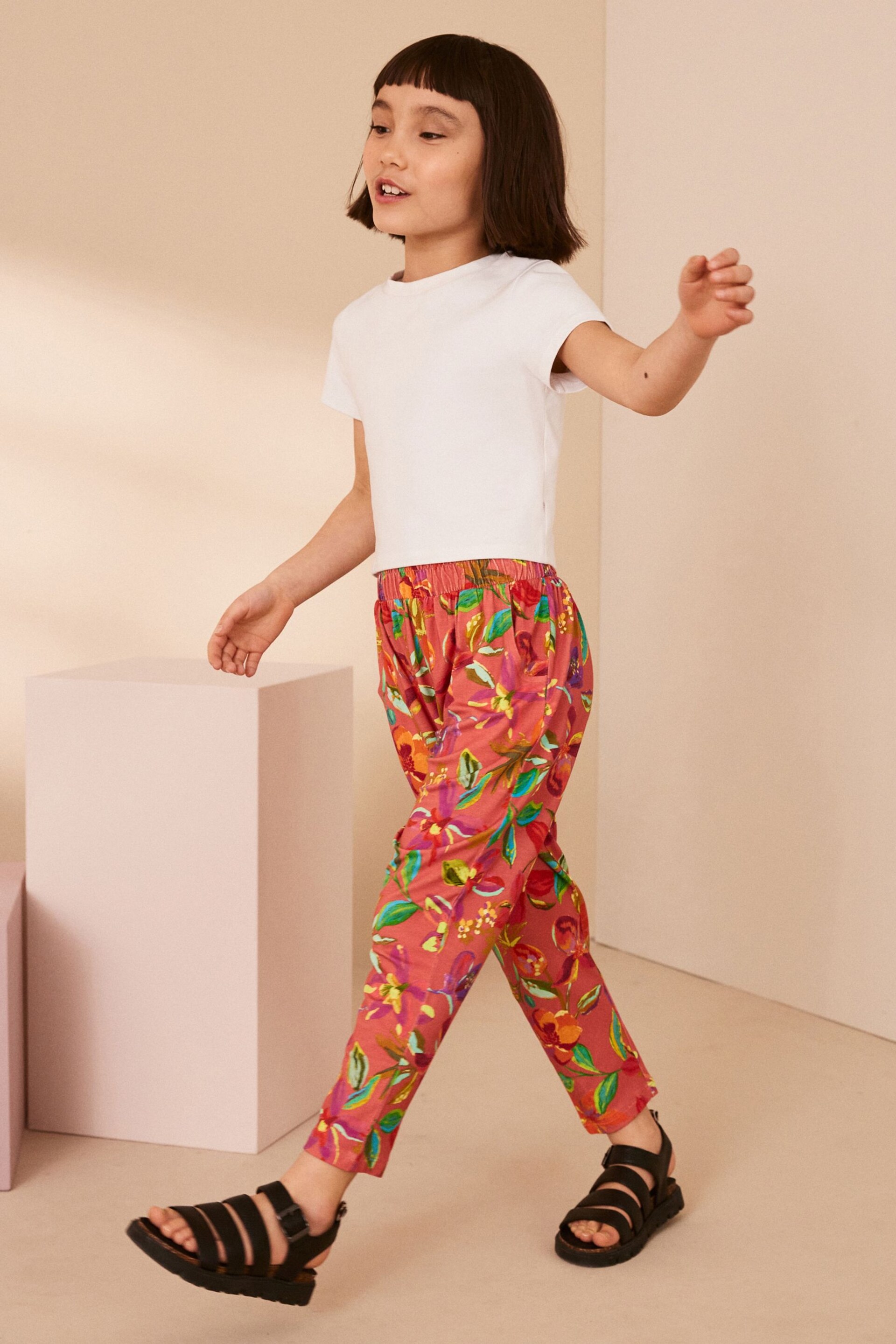 Rust Orange/ Pink Tropical Flower Print Jersey Stretch Lightweight Trousers (3-16yrs) - Image 2 of 8