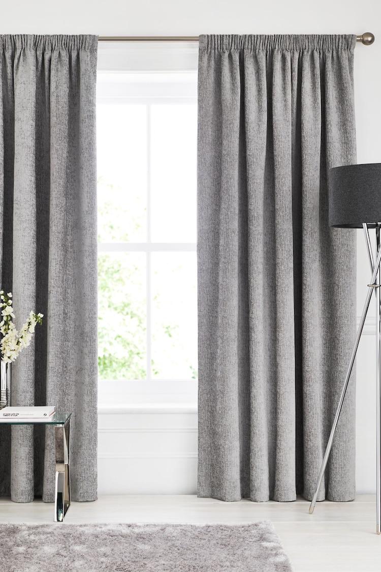 Silver Grey Heavyweight Chenille Pencil Pleat Lined Curtains - Image 2 of 6