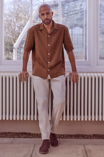 Brown Textured Short Sleeve Cuban Collar Shirt