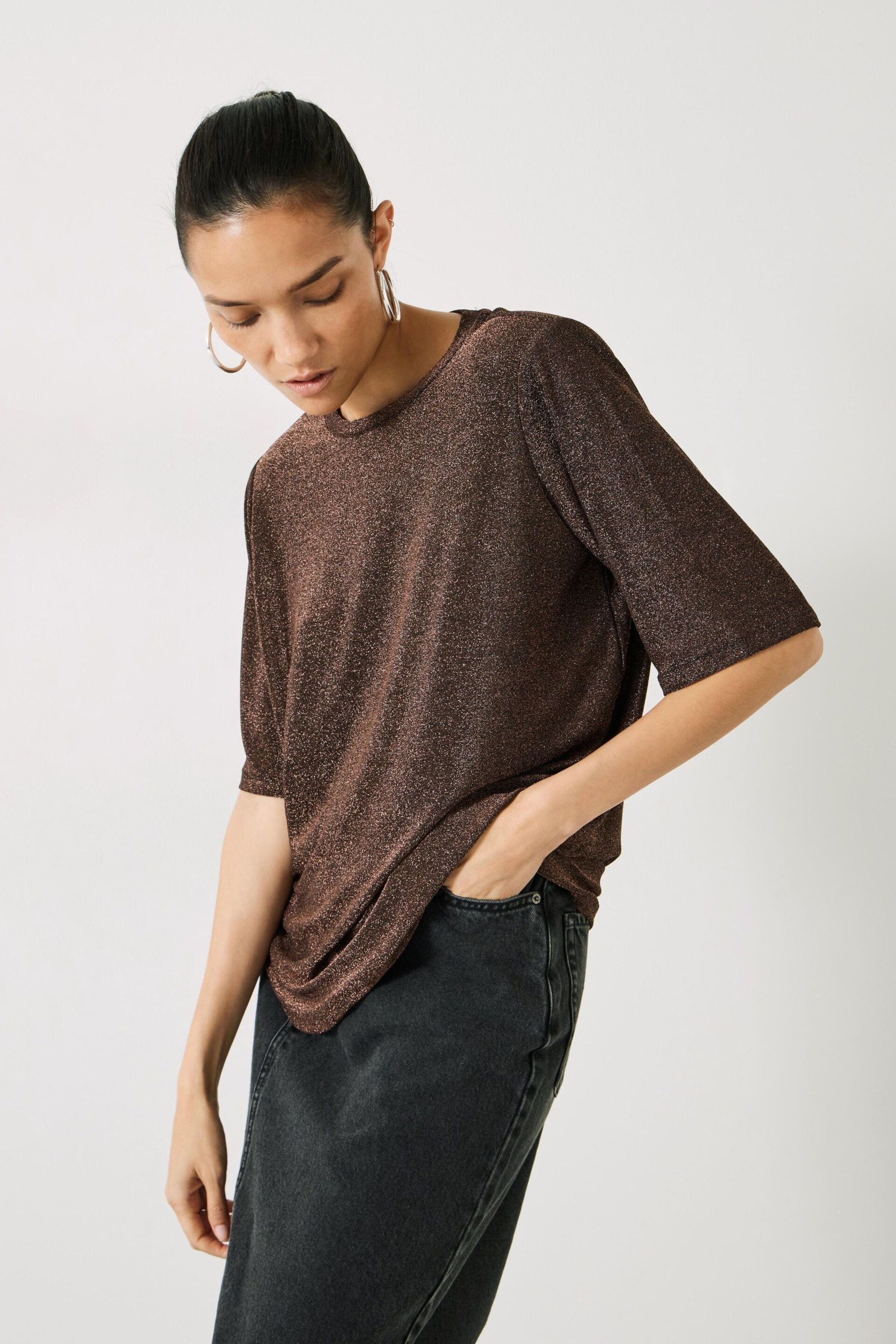 Hush Brown/Gold Michaela Sparkle Shoulder Pad Top - Image 1 of 5