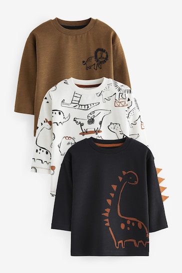 Brown/White Dinosaur Long Sleeve Animal Print Character T-Shirts 3 Pack (3mths-7yrs)