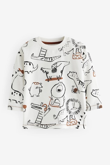 Brown/White Dinosaur Long Sleeve Animal Print Character T-Shirts 3 Pack (3mths-7yrs)